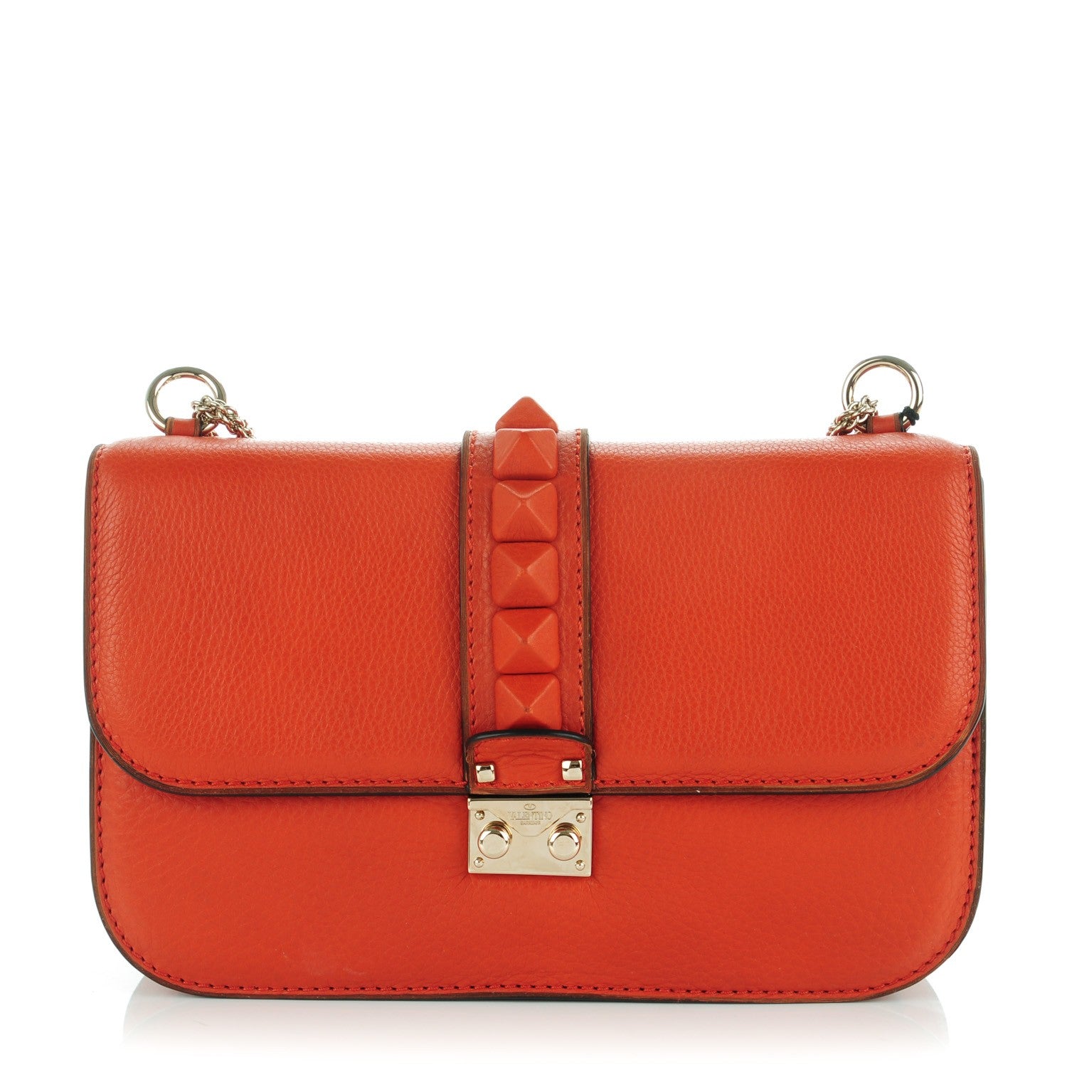 Valentino Garavani Pebbled Calfskin Monochrome Medium Glam Lock Rockstud Flap English Red 1 of 7