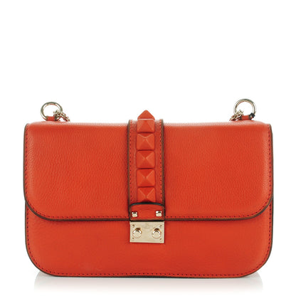 Valentino Garavani Pebbled Calfskin Monochrome Medium Glam Lock Rockstud Flap English Red 1 of 7