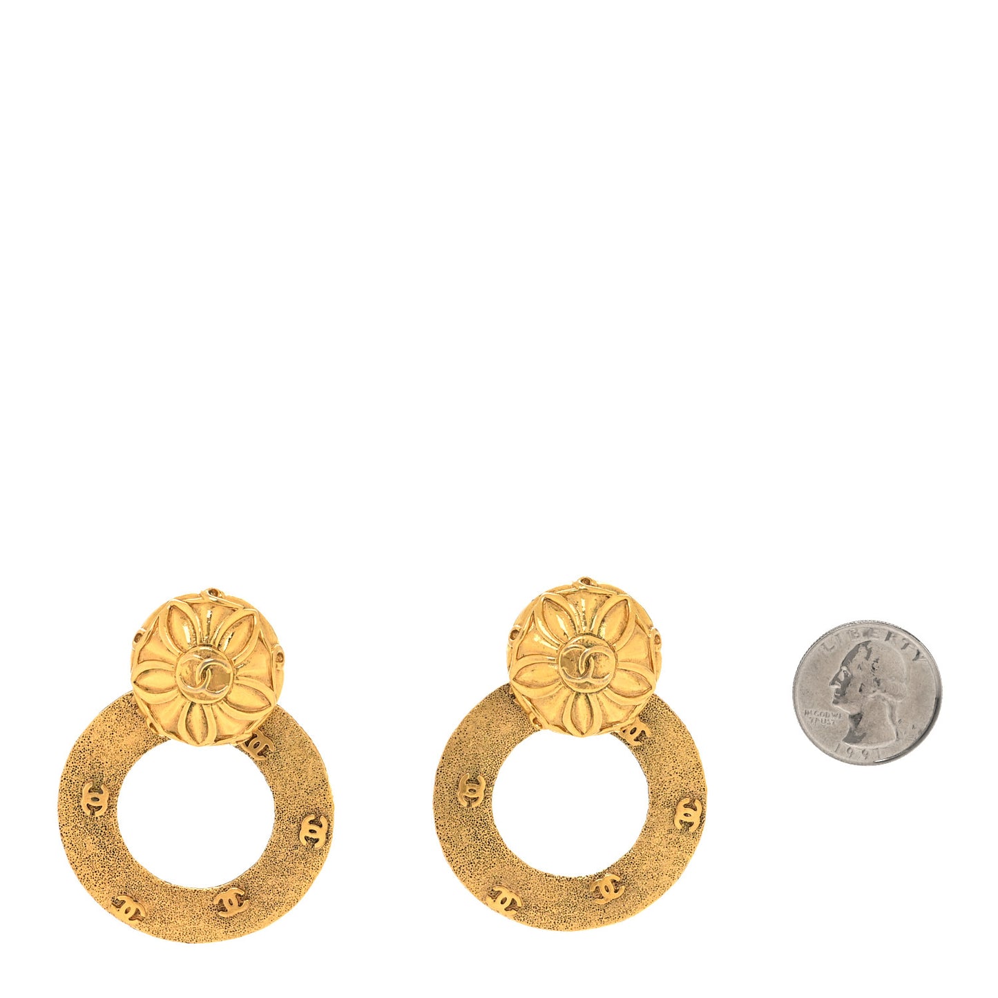 Metal Textured CC Detachable Hoop Drop Clip On Earrings Gold