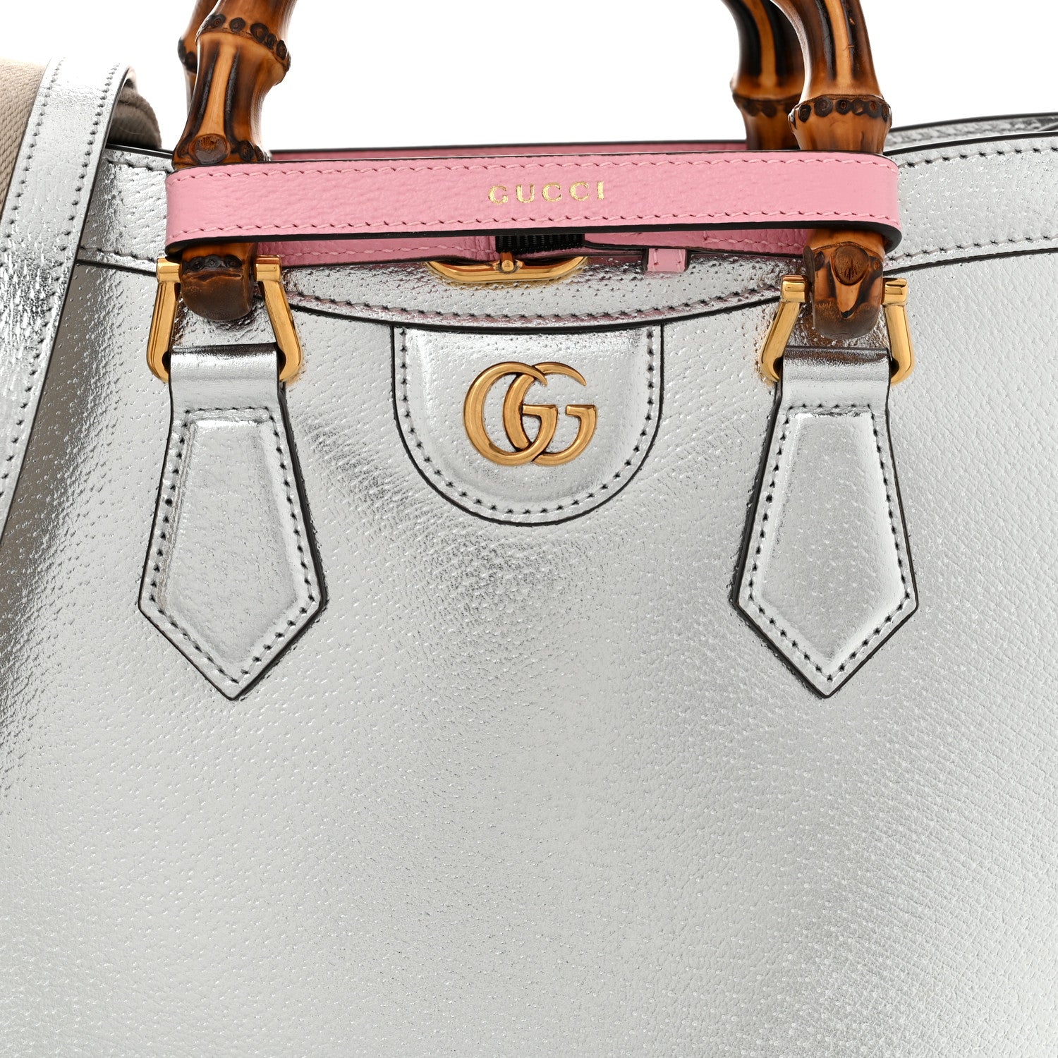 Gucci Textured Calfskin Small Diana Tote Bag Silver Wild Rose 5 of 10