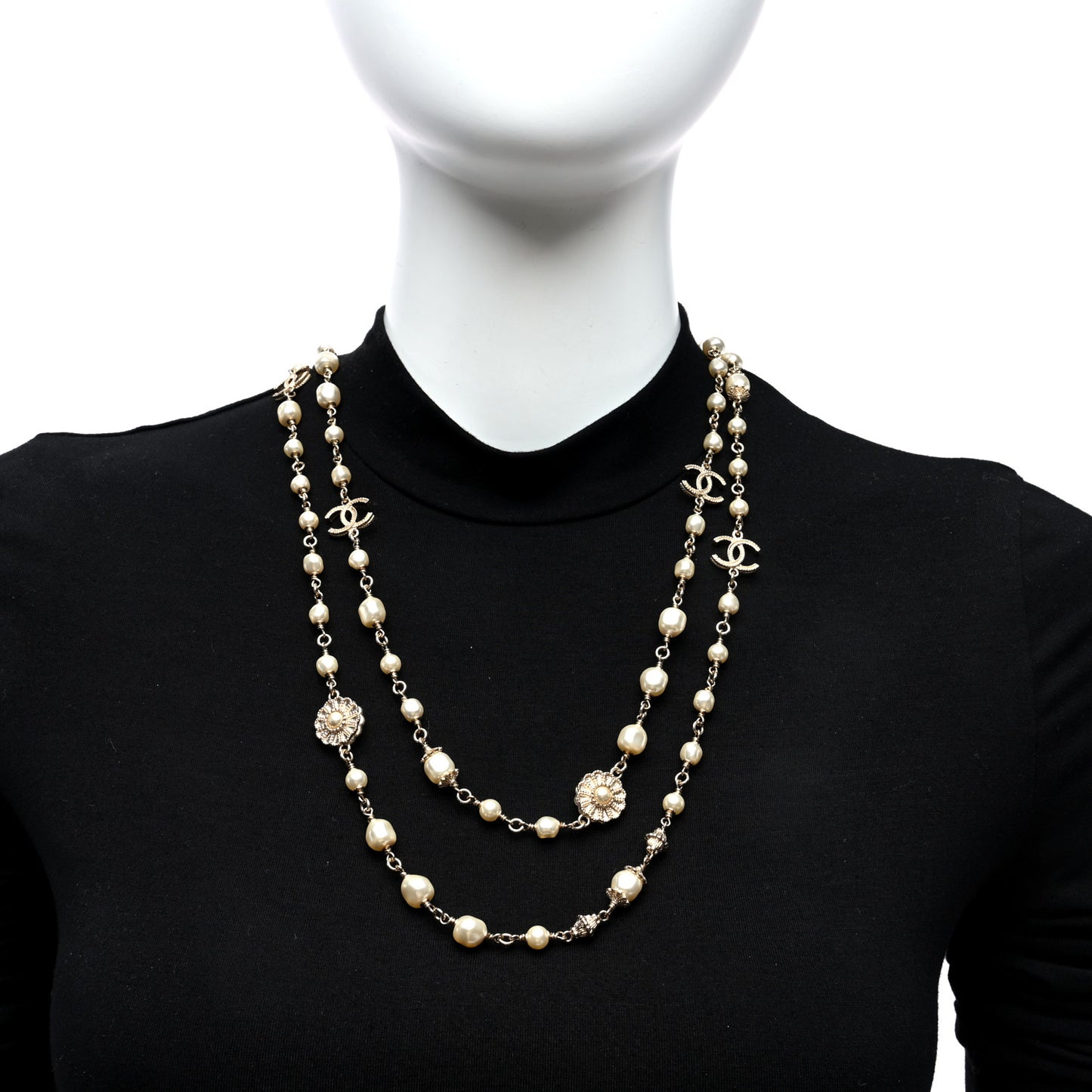Pearl CC Flower Long Necklace White Gold