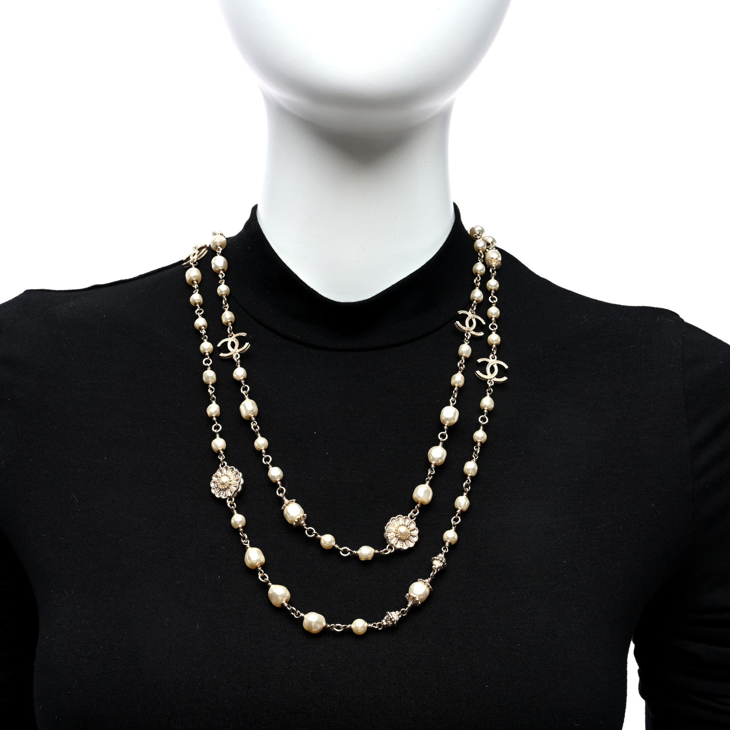 Chanel Pearl CC Flower Long Necklace White Gold 2 of 5