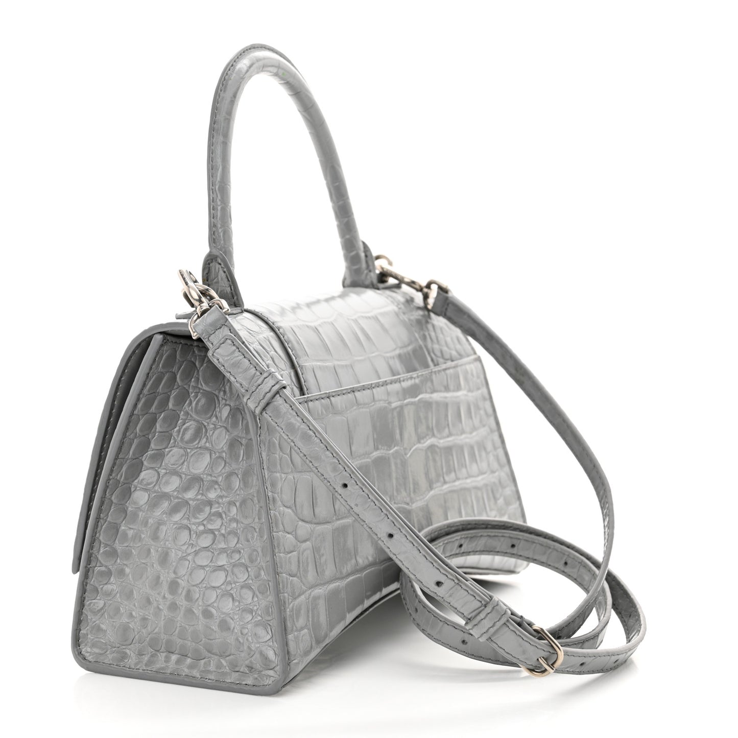 Shiny Calfskin Crocodile Embossed Small Hourglass Top Handle Bag Steel Grey