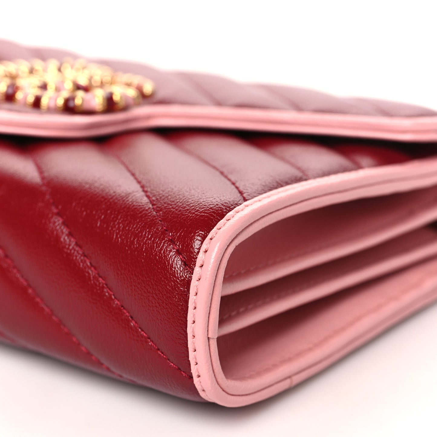 Azalea Calfskin Enamel Matelasse Diagonal Torchon GG Marmont Chain Wallet New Cherry Red Wild Rose