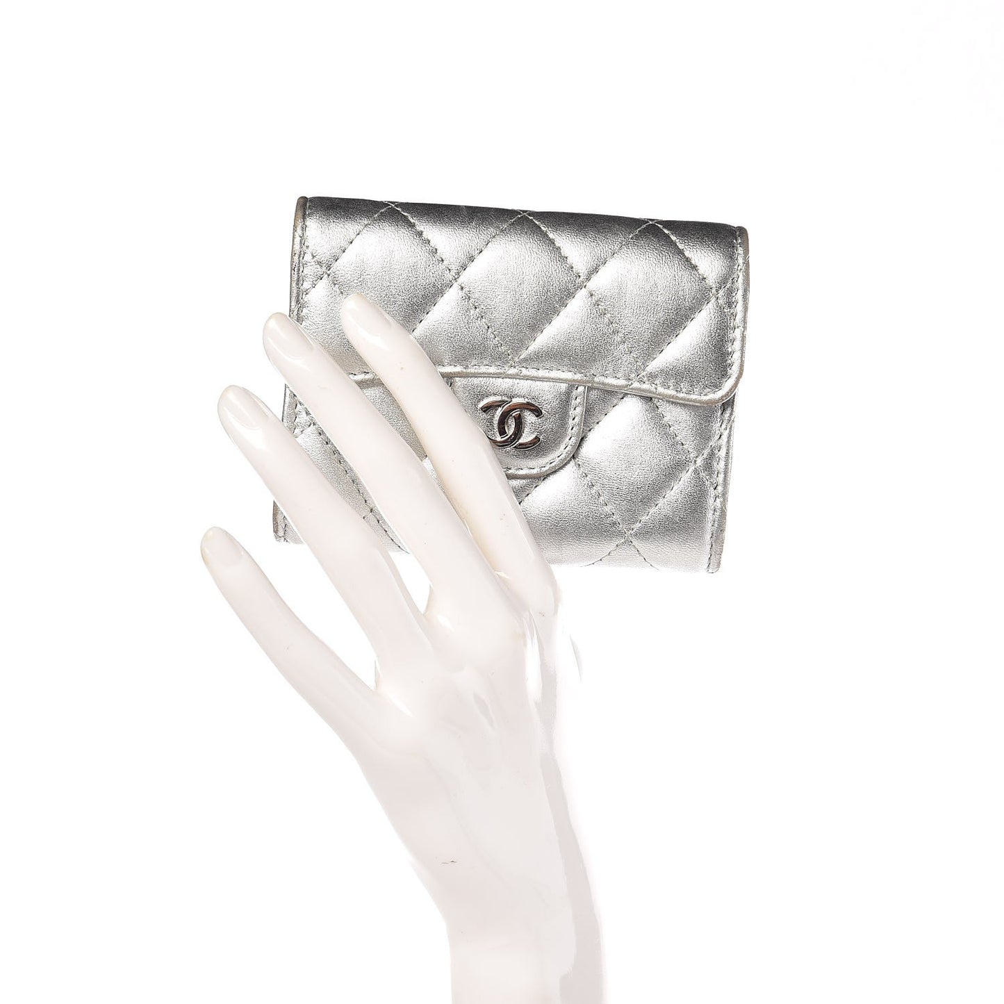 Metallic Lambskin Quilted Flap Card Holder Wallet Silver