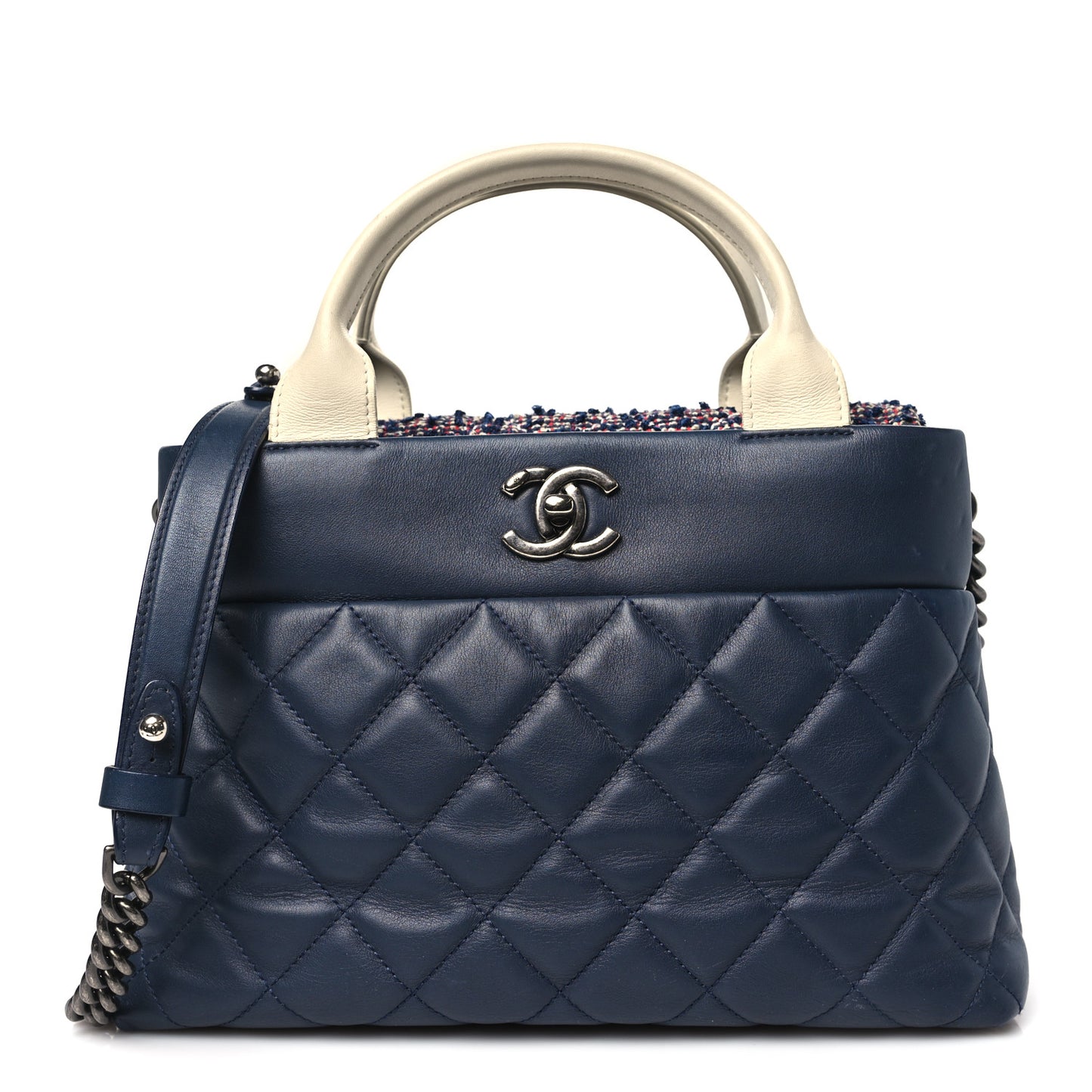Calfskin Tweed Quilted Small Tote Navy Multicolor