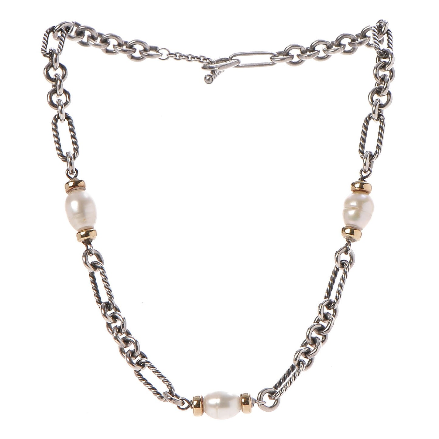 Sterling Silver 18K Yellow Gold Baroque Pearl Figaro Chain Necklace