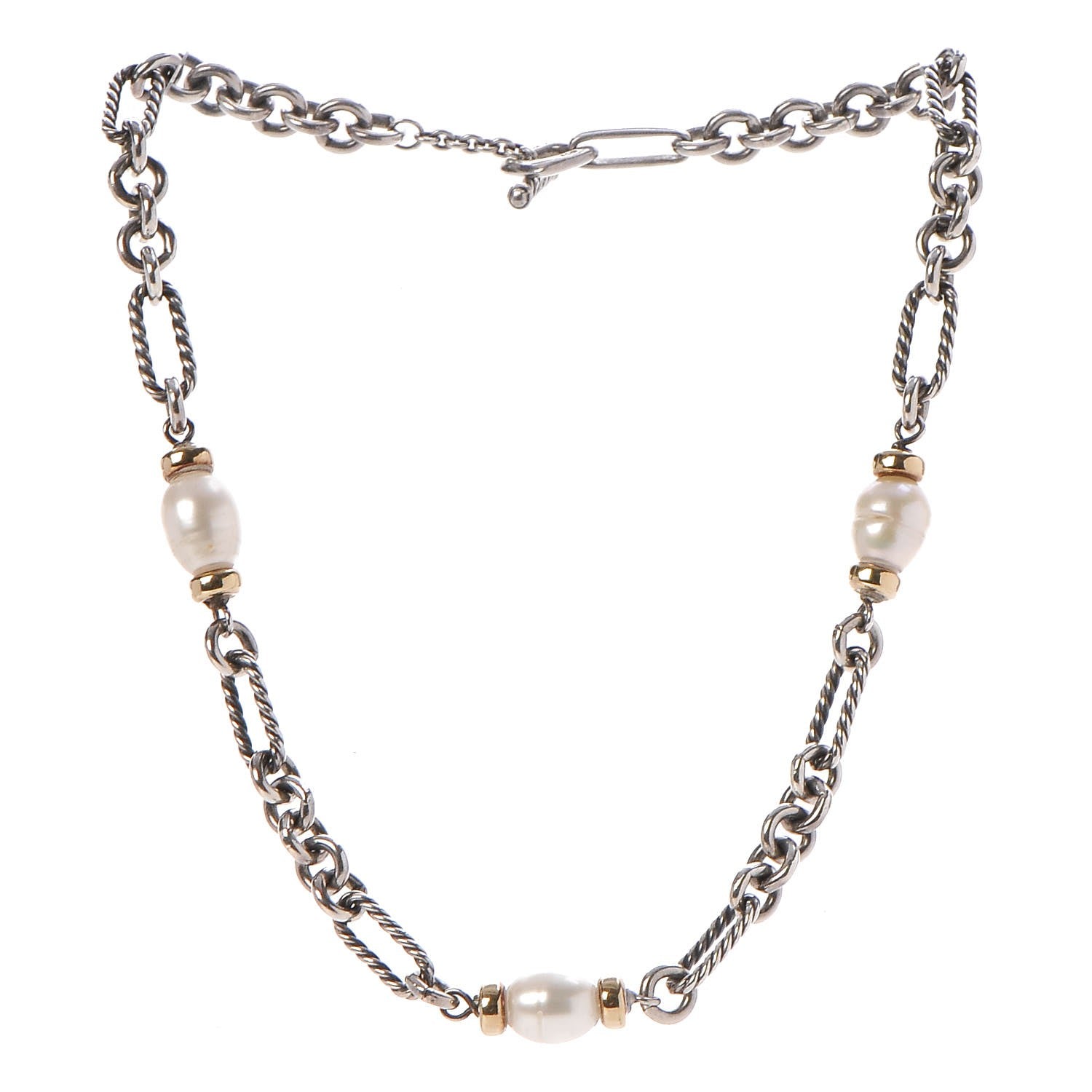 David Yurman Sterling Silver 18K Yellow Gold Baroque Pearl Figaro Chain Necklace 3 of 4