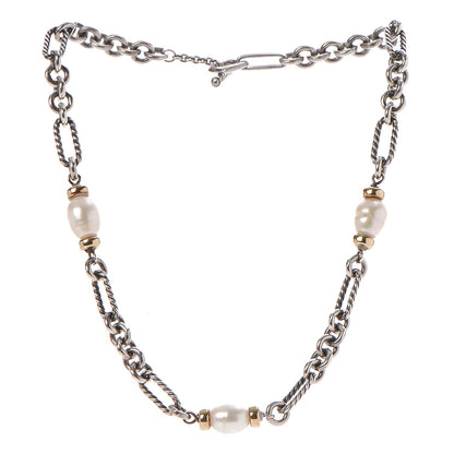 David Yurman Sterling Silver 18K Yellow Gold Baroque Pearl Figaro Chain Necklace 3 of 4