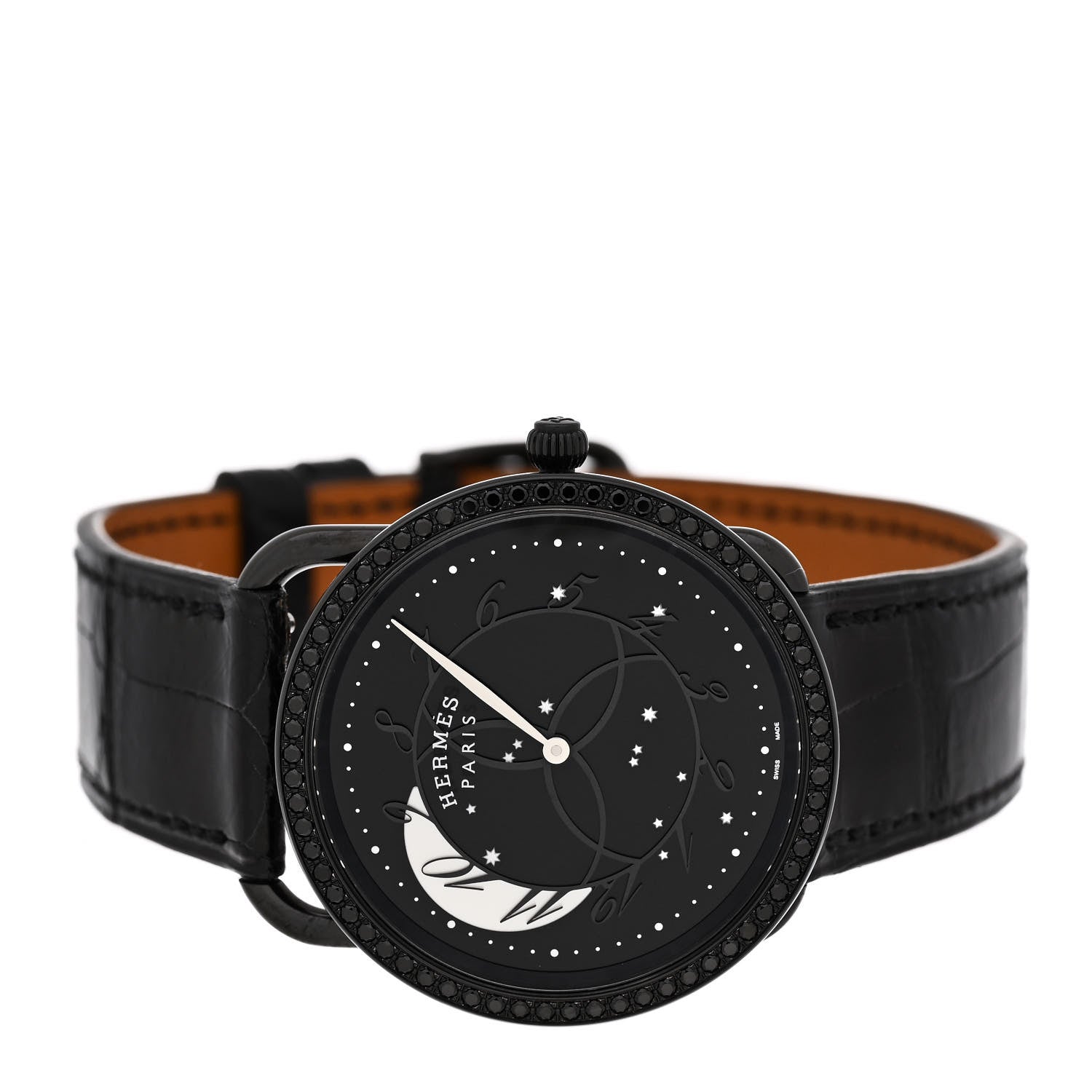 Hermes PVD Stainless Steel Alligator Black Diamond 36mm Arceau Ronde Des Heures Quartz Watch Noir 2 of 6