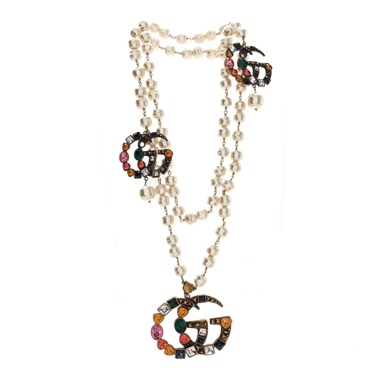 Crystal Pearl Double G Necklace Aged Gold Multicolor