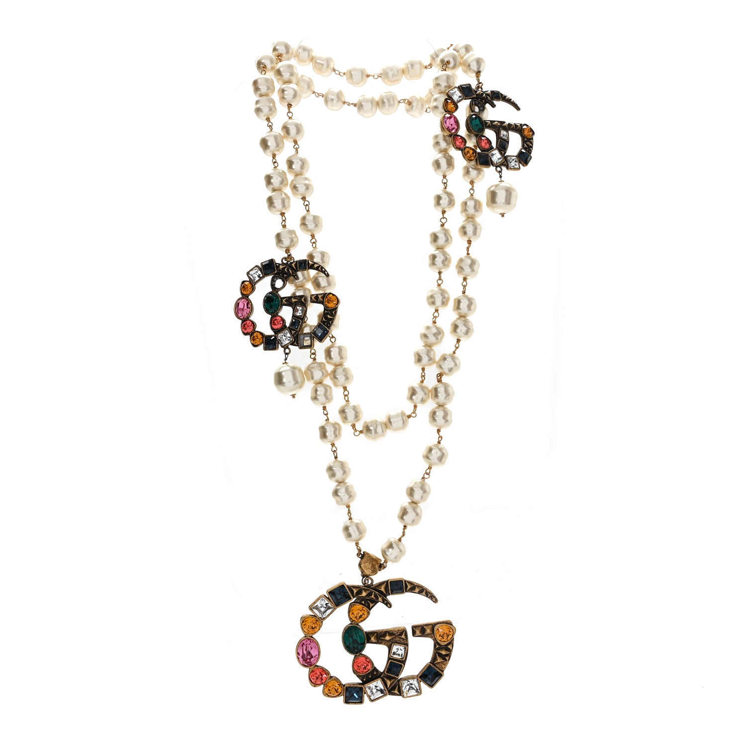 Gucci Crystal Pearl Double G Necklace Aged Gold Multicolor 3 of 5