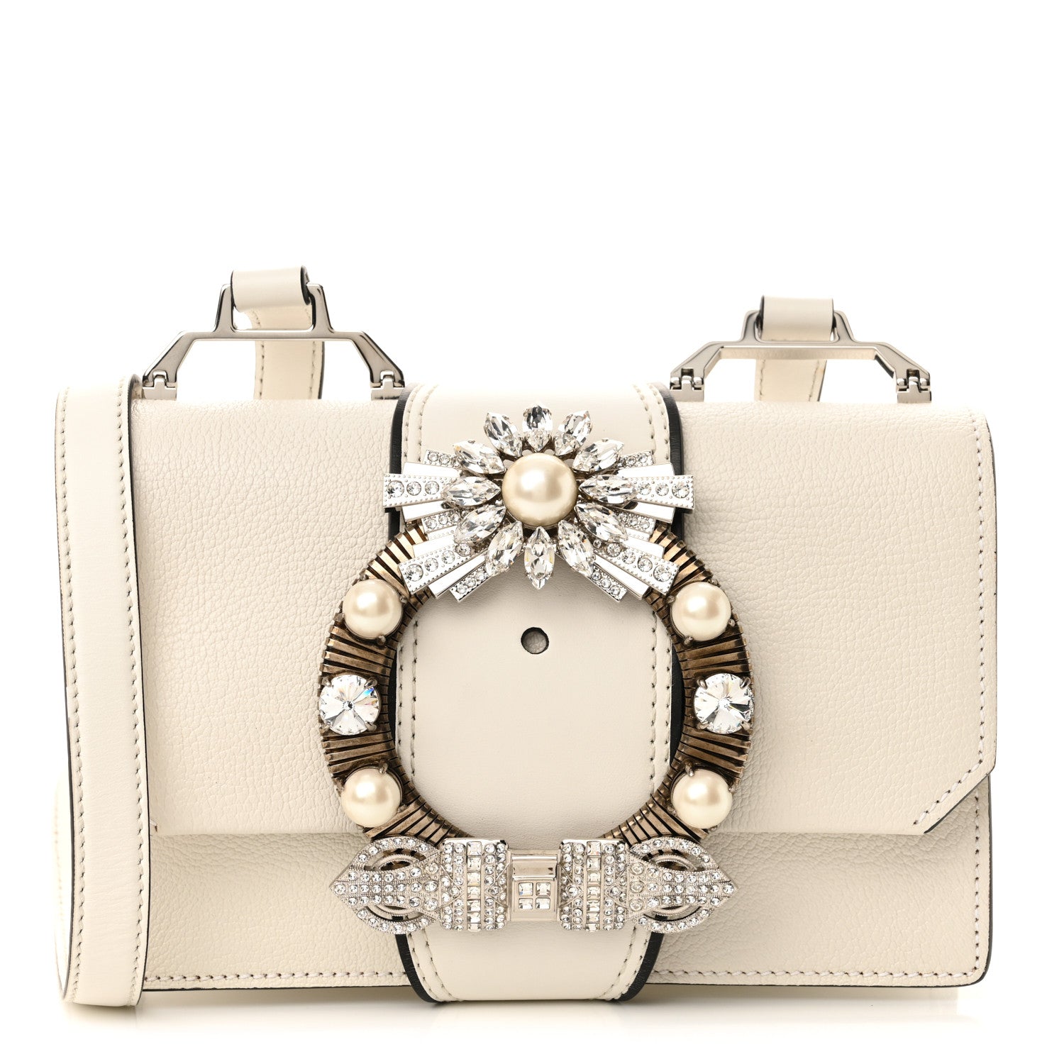 Miu Miu Goatskin Madras Soft Calf Crystal Embellished Shoulder Bag Bianco 1 of 11