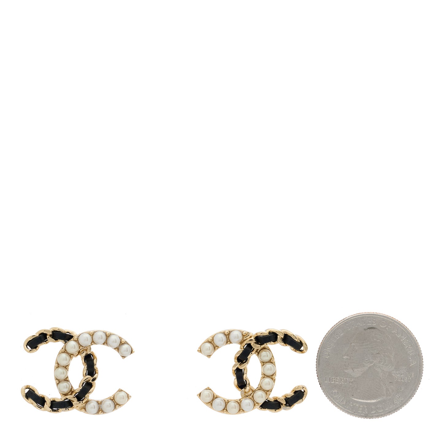 Pearl Lambskin Chain CC Stud Earrings Gold Black