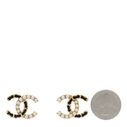 Chanel Pearl Lambskin Chain CC Stud Earrings Gold Black 2 of 5