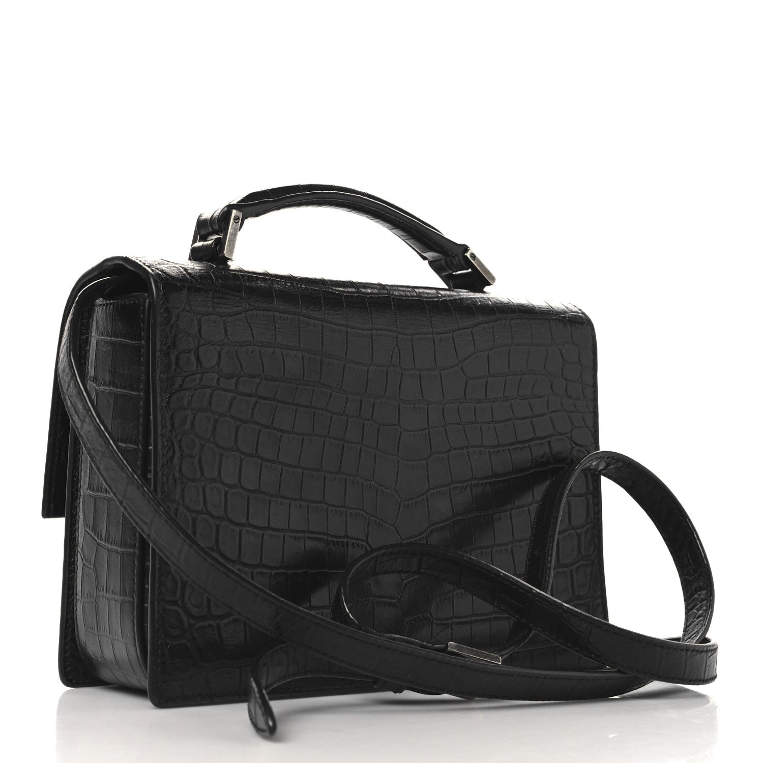 Saint Laurent Calfskin Crocodile Embossed Medium Bellechasse Satchel Matte Black 3 of 10