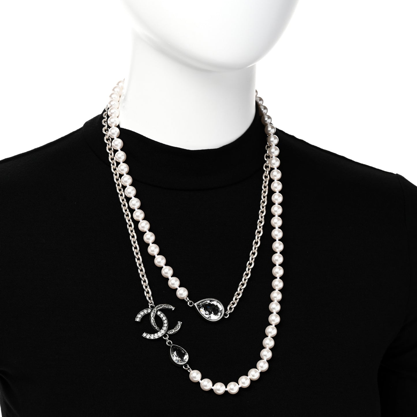 Pearl Crystal CC Long Necklace Silver
