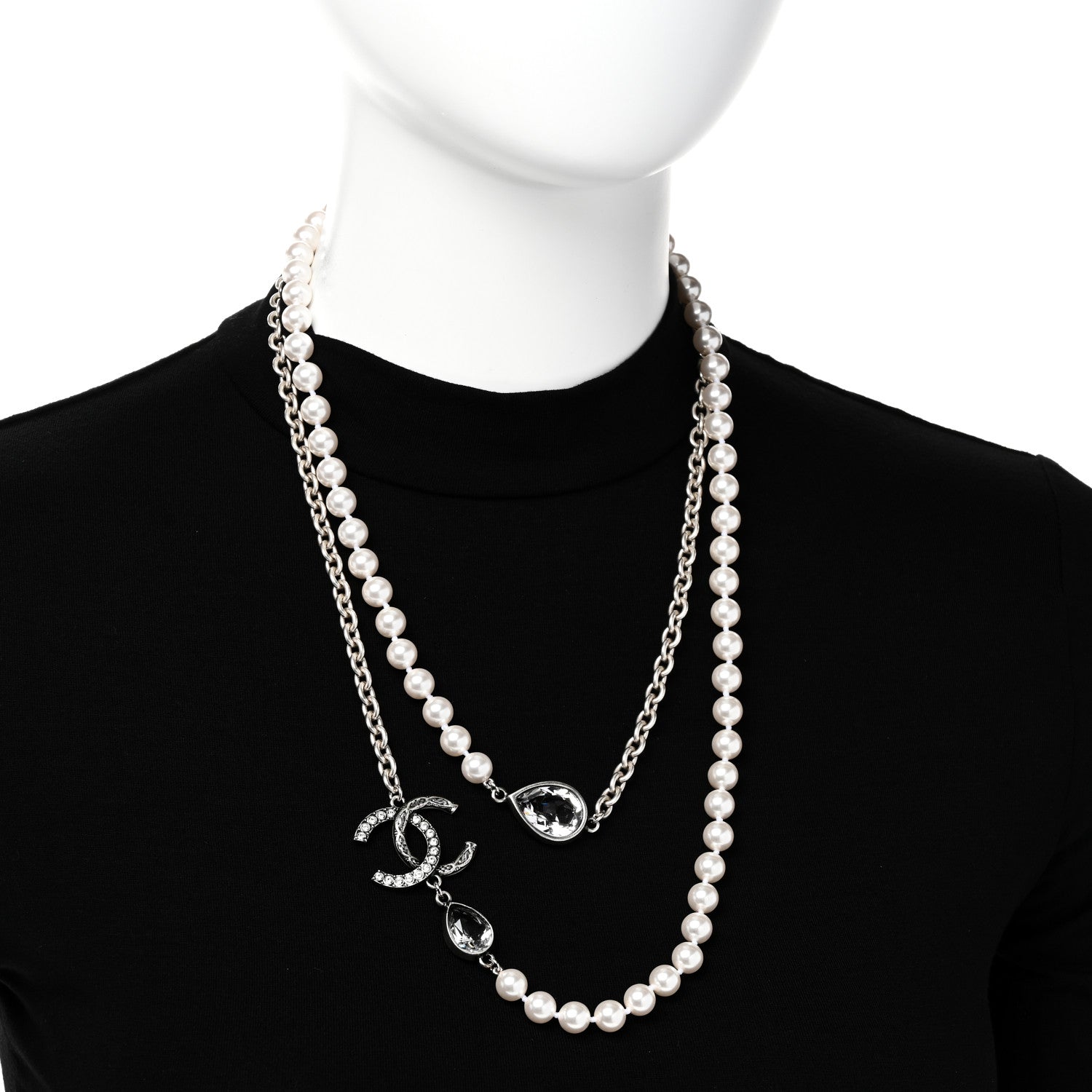 Chanel Pearl Crystal CC Long Necklace Silver 2 of 6
