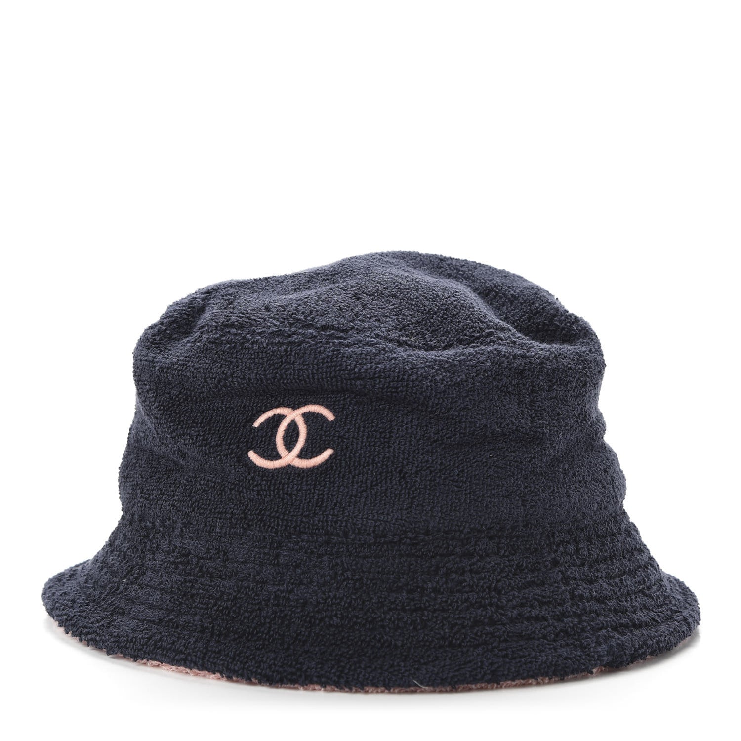 Chanel Cotton Terrycloth CC Cloche Bucket Hat M Navy Blue Pink 1 of 7