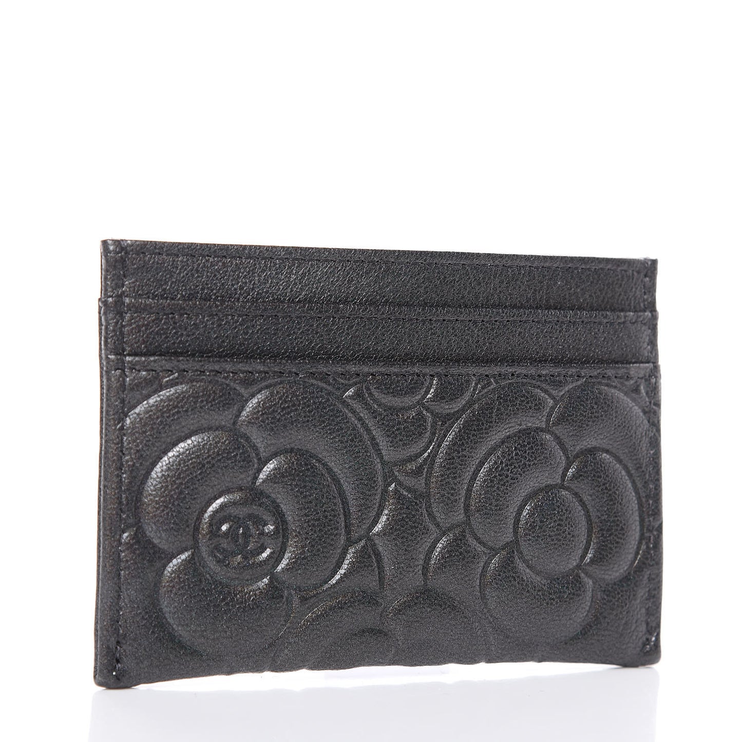 Goatskin Camellia Embossed Card Holder Grey