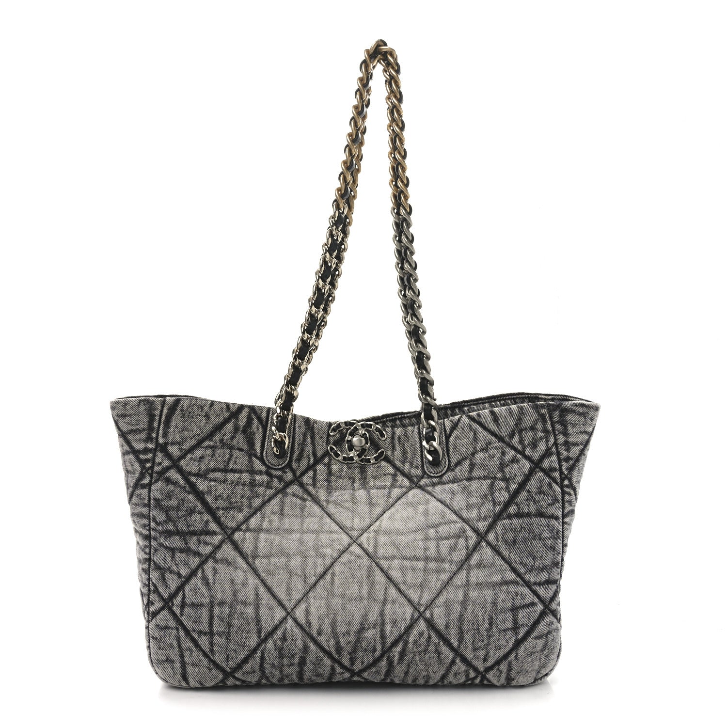 Chanel Washed Denim Quilted Chanel 19 East West Shopping Bag Black White 1 of 10