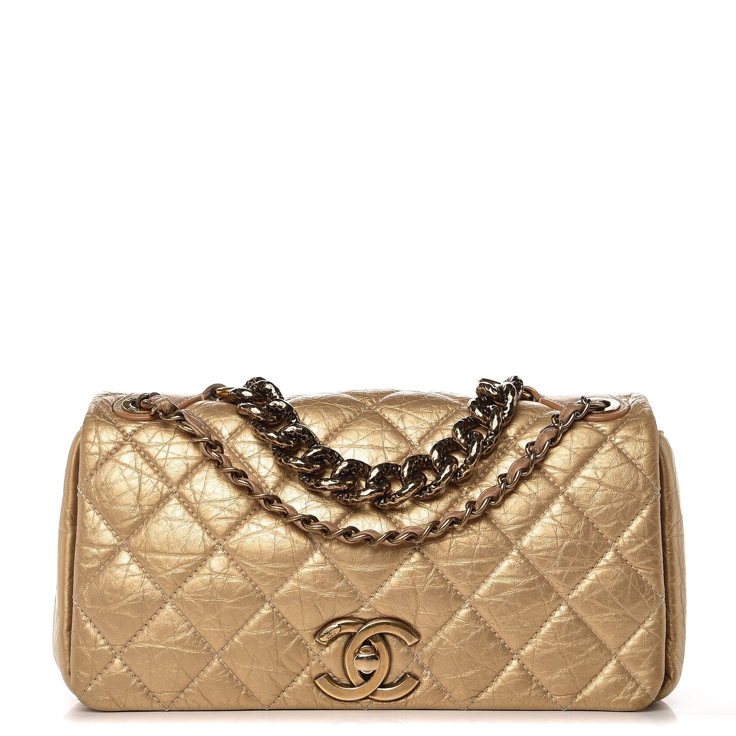 Metallic Aged Calfskin Quilted Small Pondichery Flap Gold