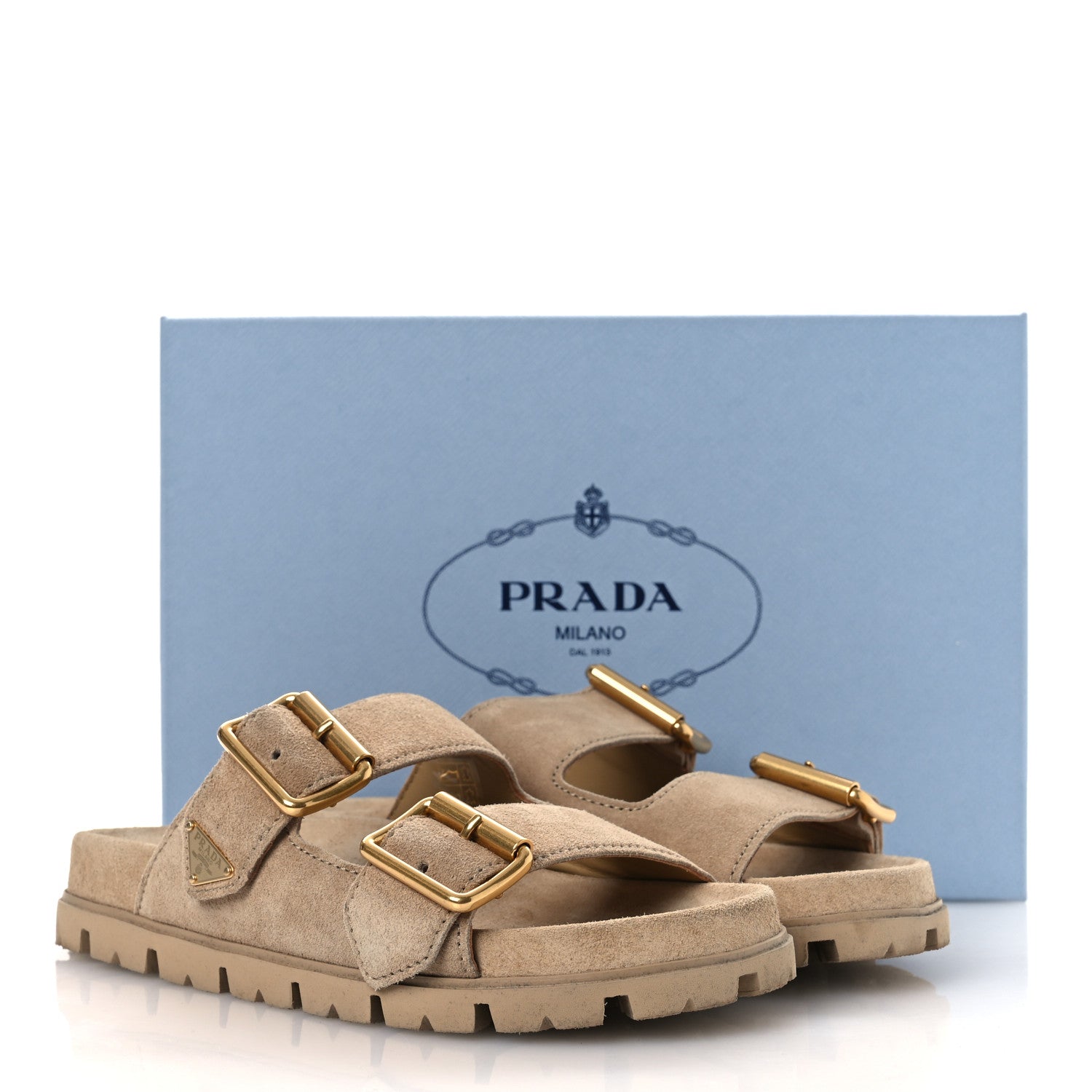 Prada Suede Metal Triangle Logo Womens Double Buckle 20mm Slide