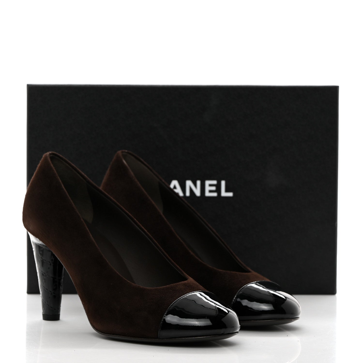 Chanel Kid Suede Patent Calfskin Cap Toe CC Pumps 38 Brown Black 9 of 9