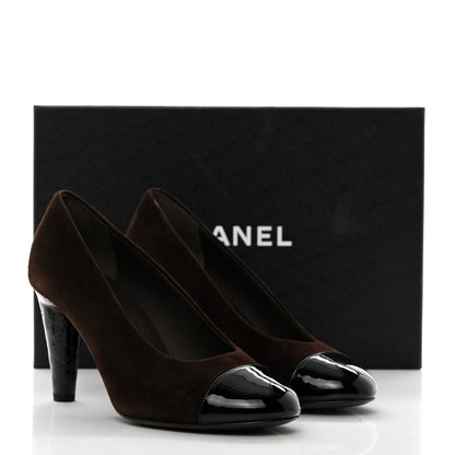 Chanel Kid Suede Patent Calfskin Cap Toe CC Pumps 38 Brown Black 9 of 9
