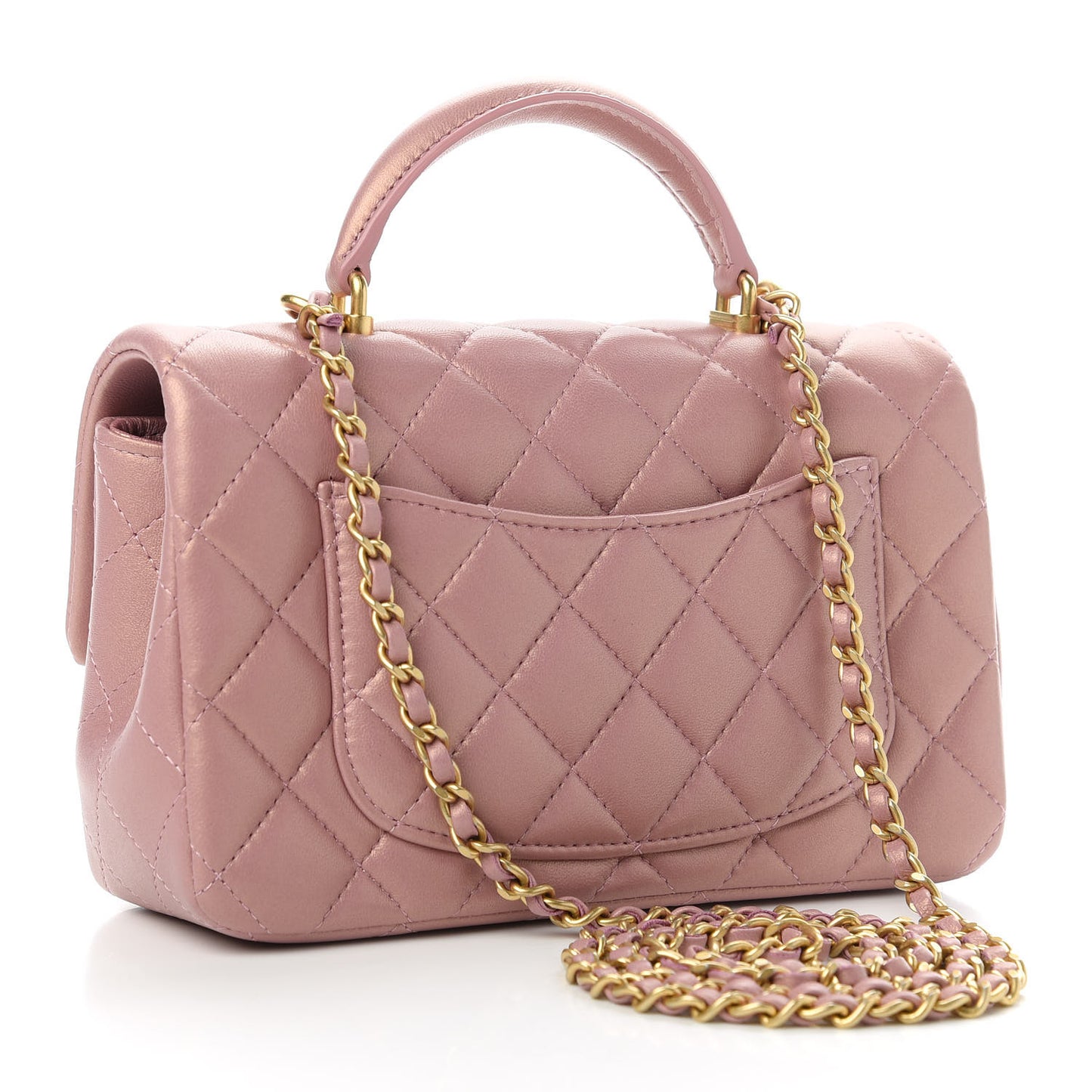 Iridescent Lambskin Quilted Mini Top Handle Rectangular Flap Pink