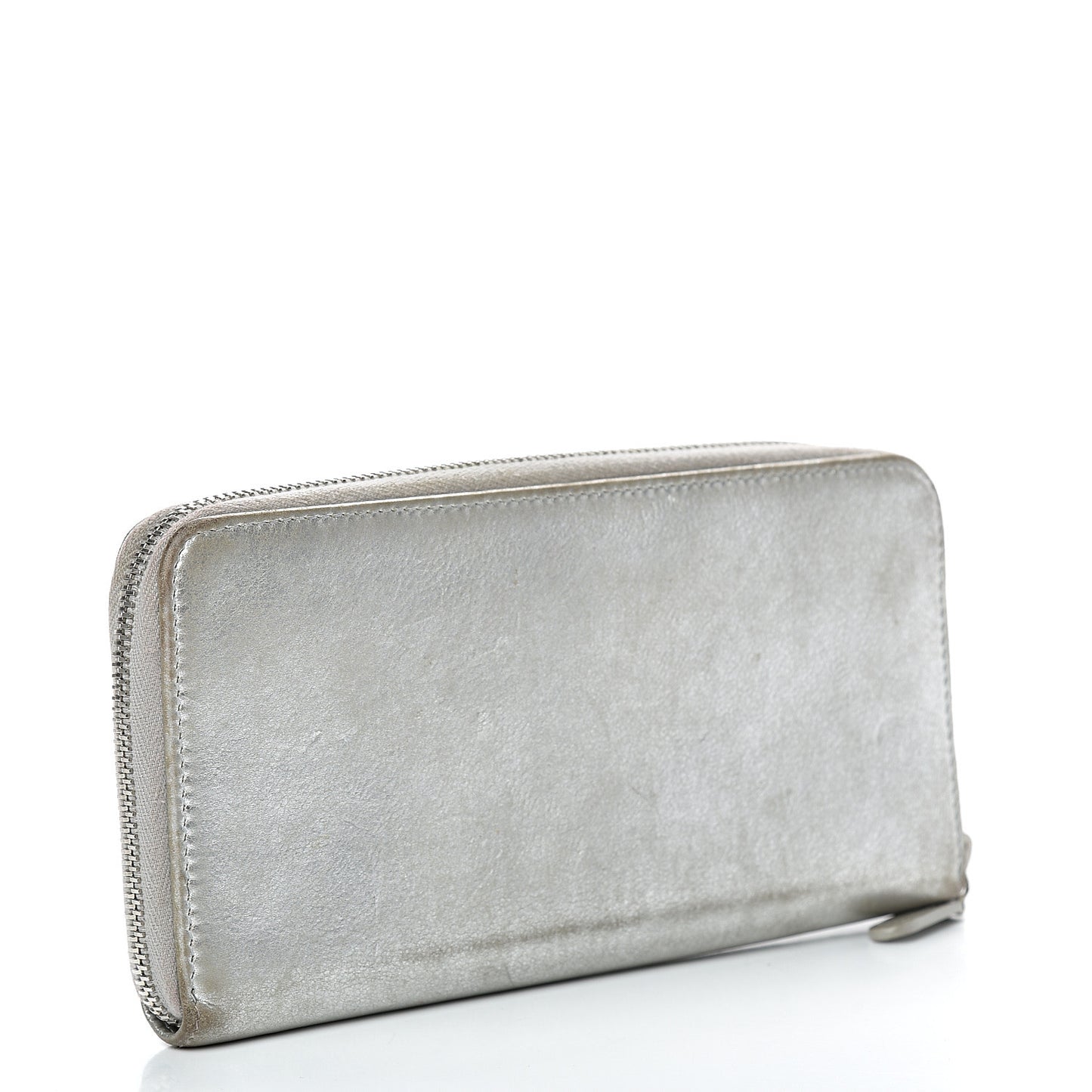 Metallic Calfskin Large Zip Around Wallet Silver