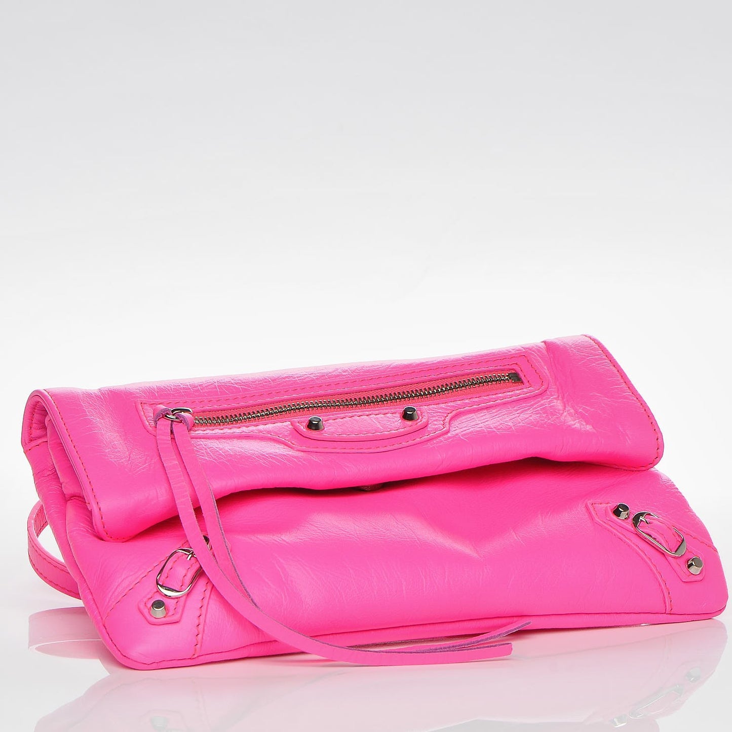 Agneau Classic Silver Hardware Mini Envelope Strap Clutch Rose Fluo