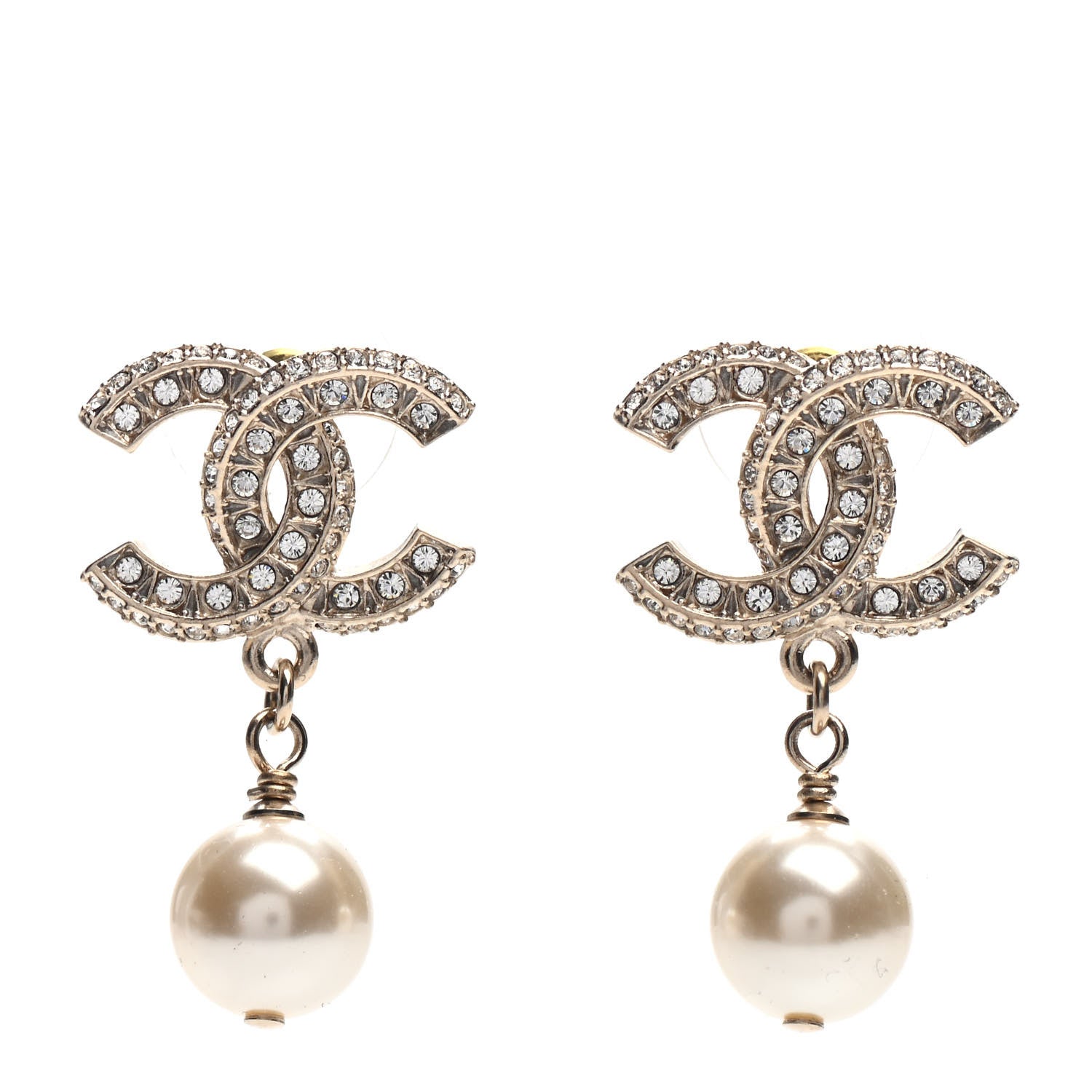 Chanel Crystal Pearl CC Drop Earrings Gold 1 of 5