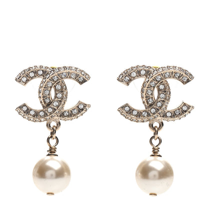 Chanel Crystal Pearl CC Drop Earrings Gold 1 of 5