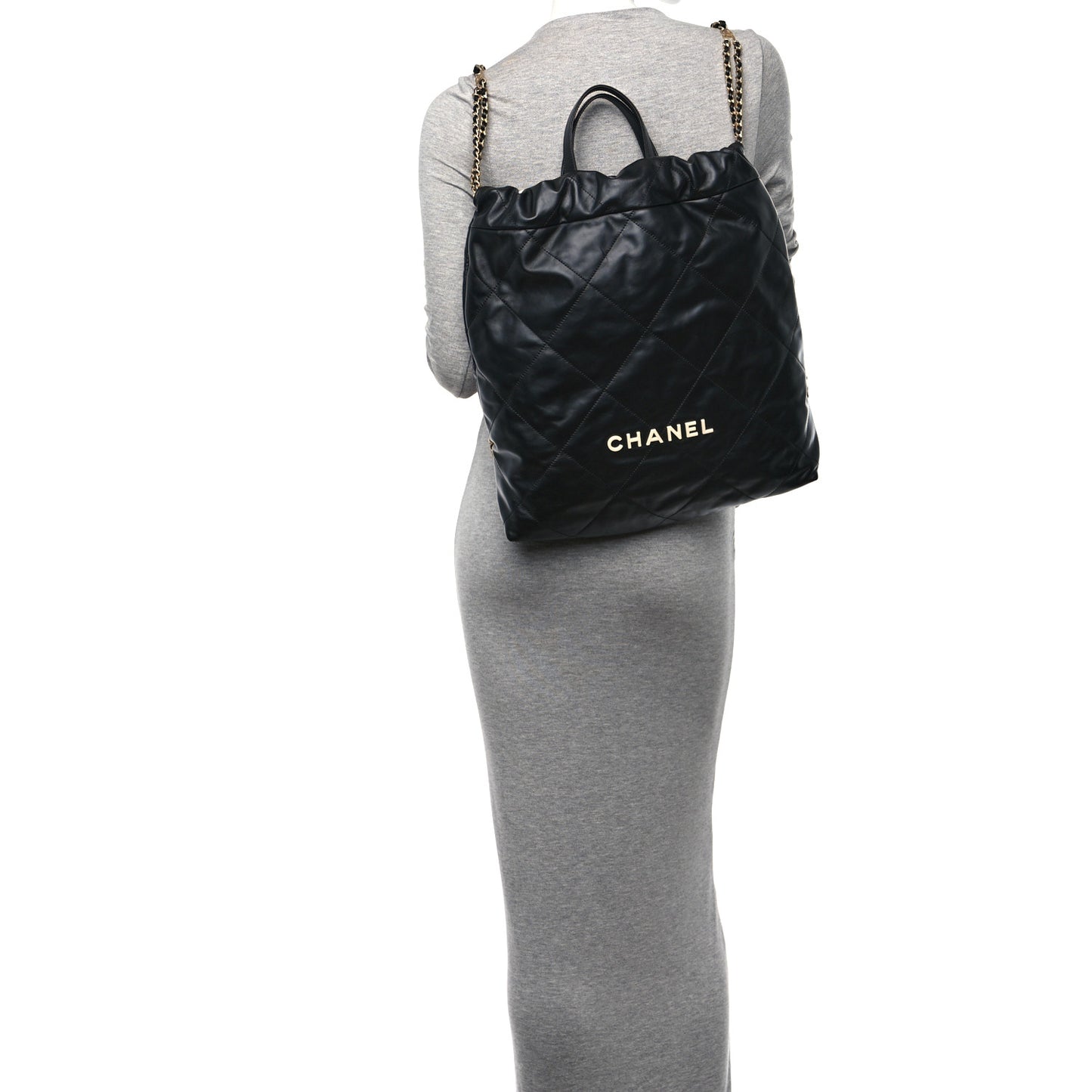 Shiny Calfskin Quilted Chanel 22 Backpack Black