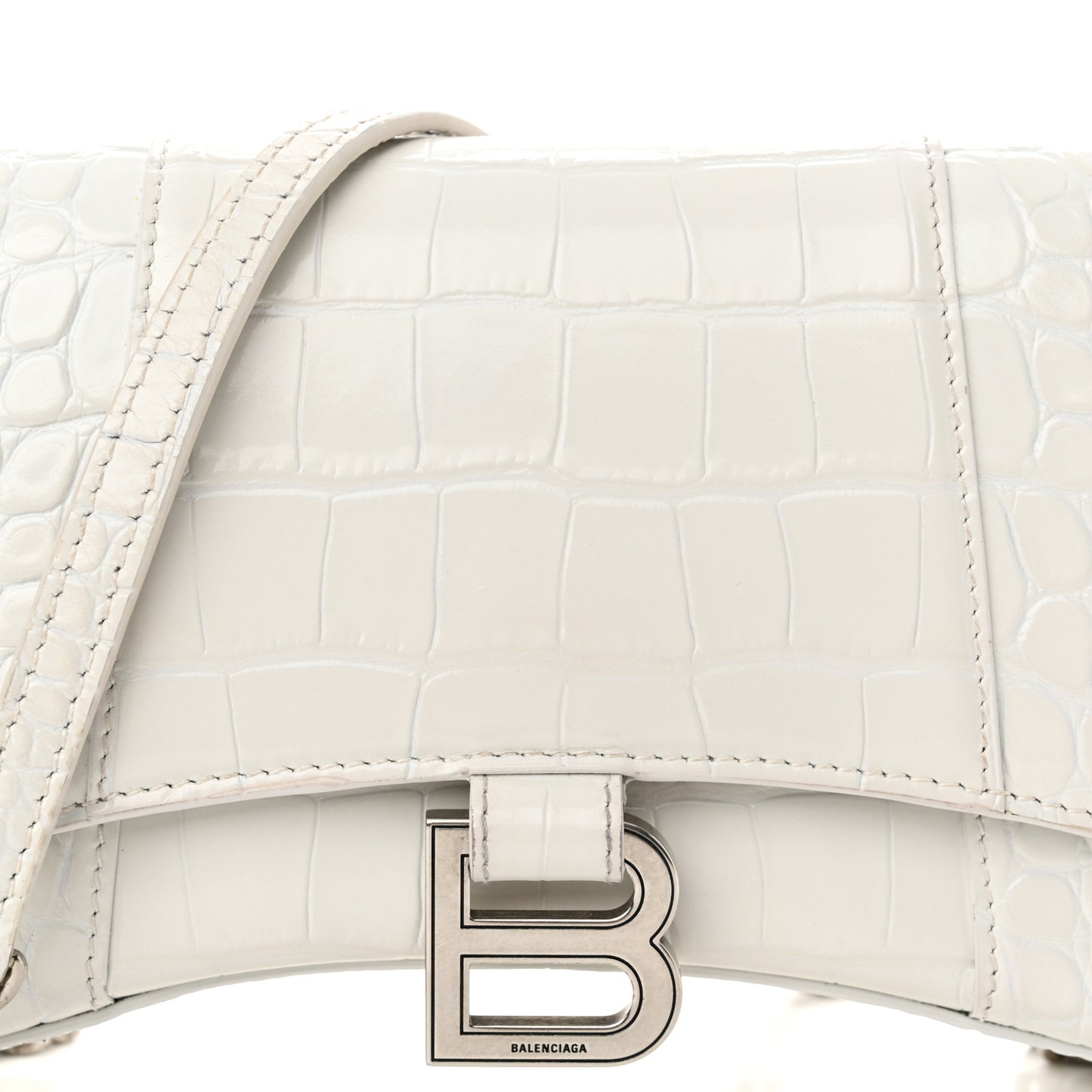 Shiny Calfskin Crocodile Embossed Small Hourglass Evening Chain Bag White