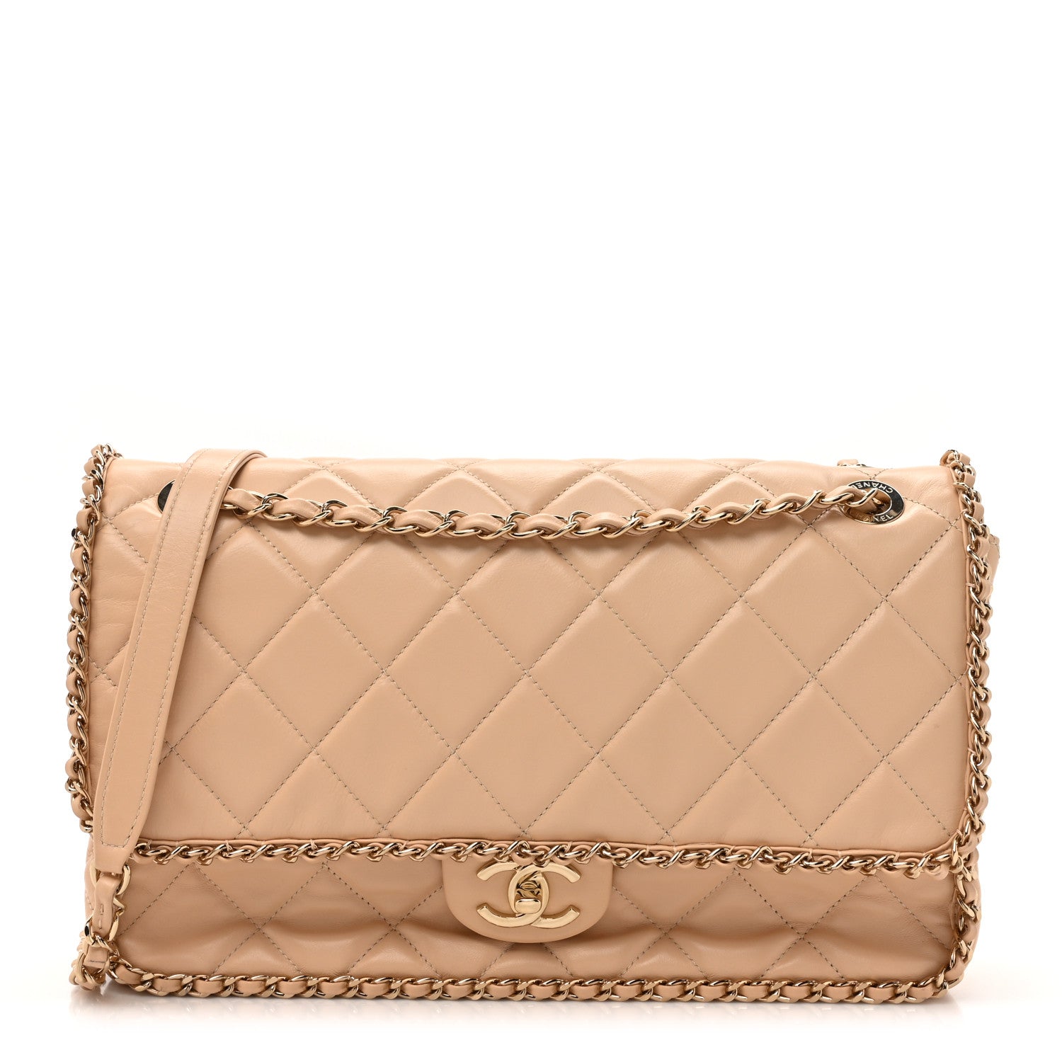 Chanel Crumpled Calfskin Quilted Large Chain All Over Flap Bag Beige 1 of 11