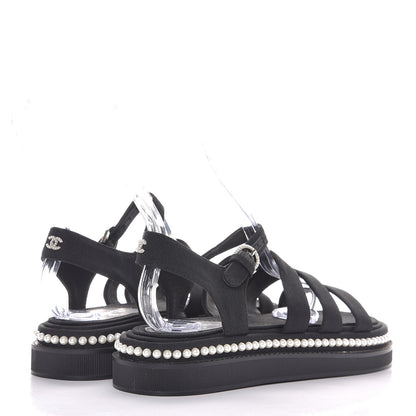 Chanel Grosgrain Pearl Flat Sandals 39 Black 4 of 8