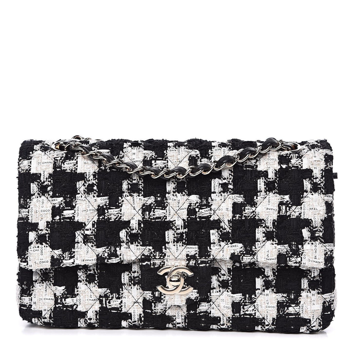 Tweed Quilted Medium Double Flap Black Ecru White