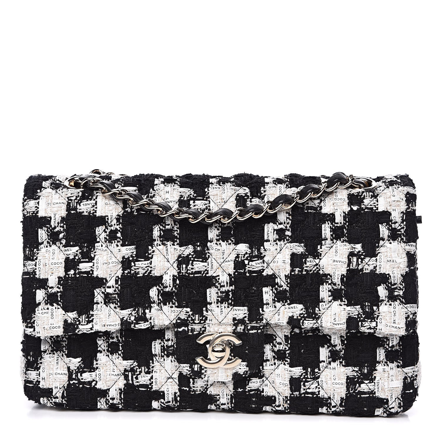 Chanel Tweed Quilted Medium Double Flap Black Ecru White 1 of 11