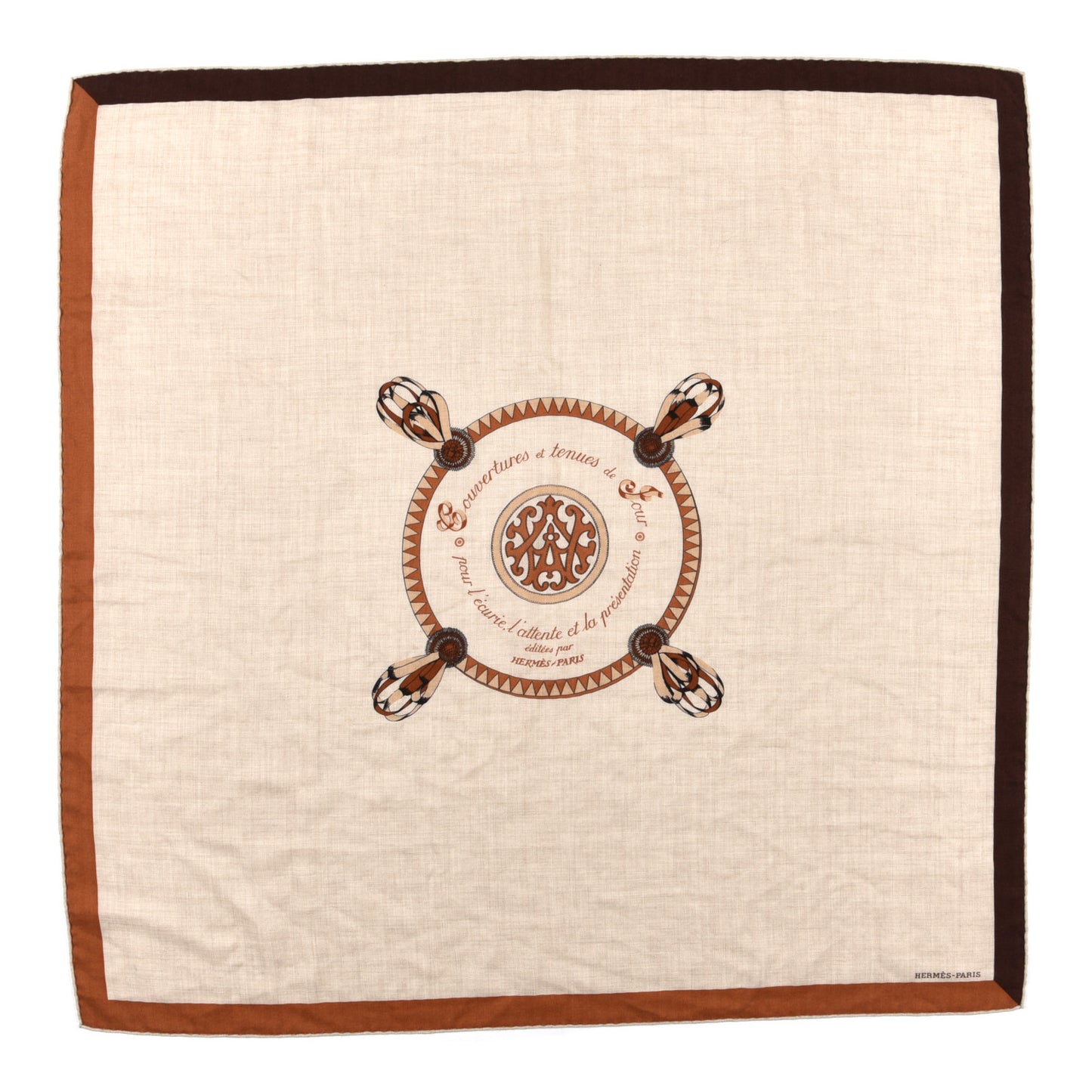 Cashmere Silk Encadre Blason Scarf 90 Naturel Chocolat Caramel