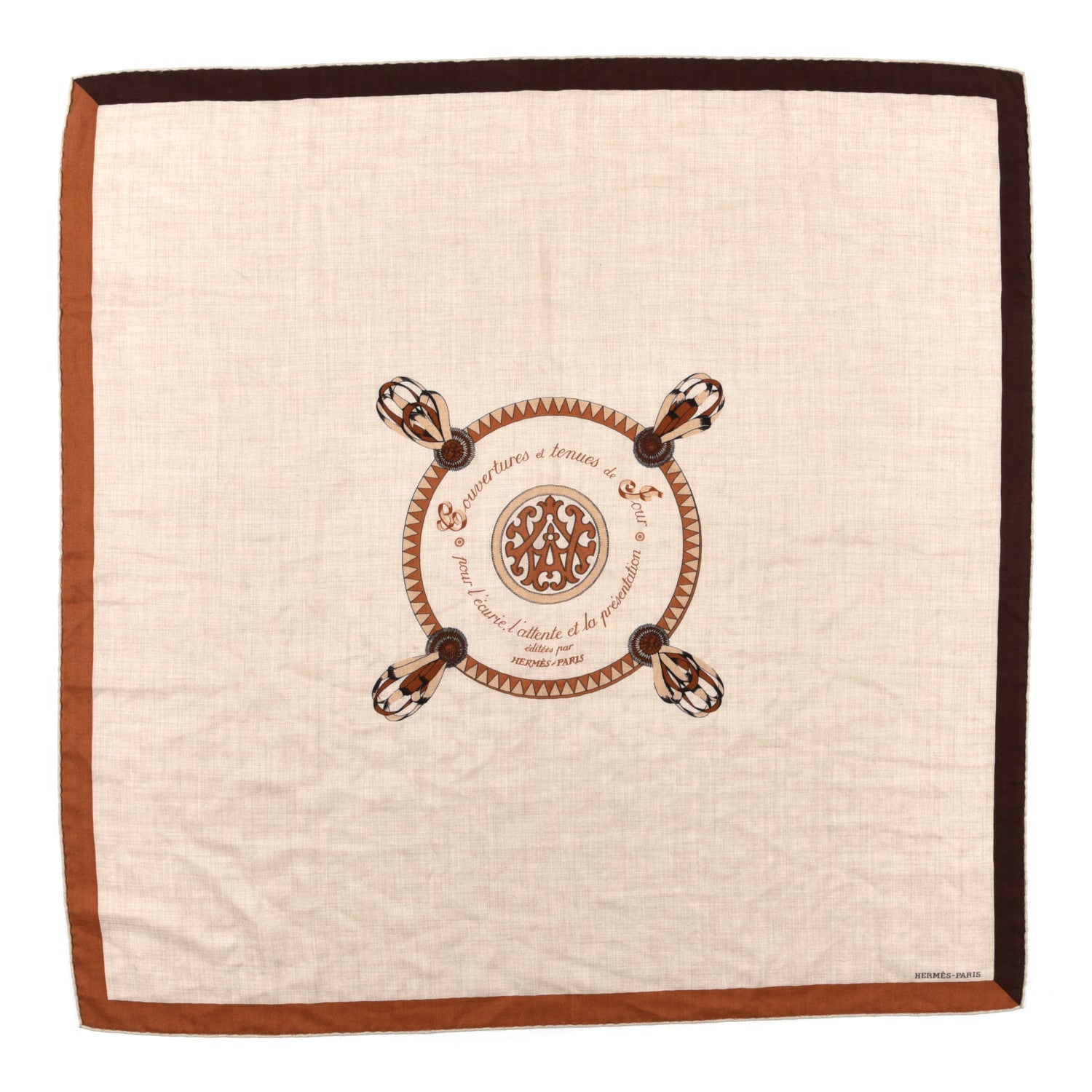 Hermes Cashmere Silk Encadre Blason Scarf 90 Naturel Chocolat Caramel 1 of 3