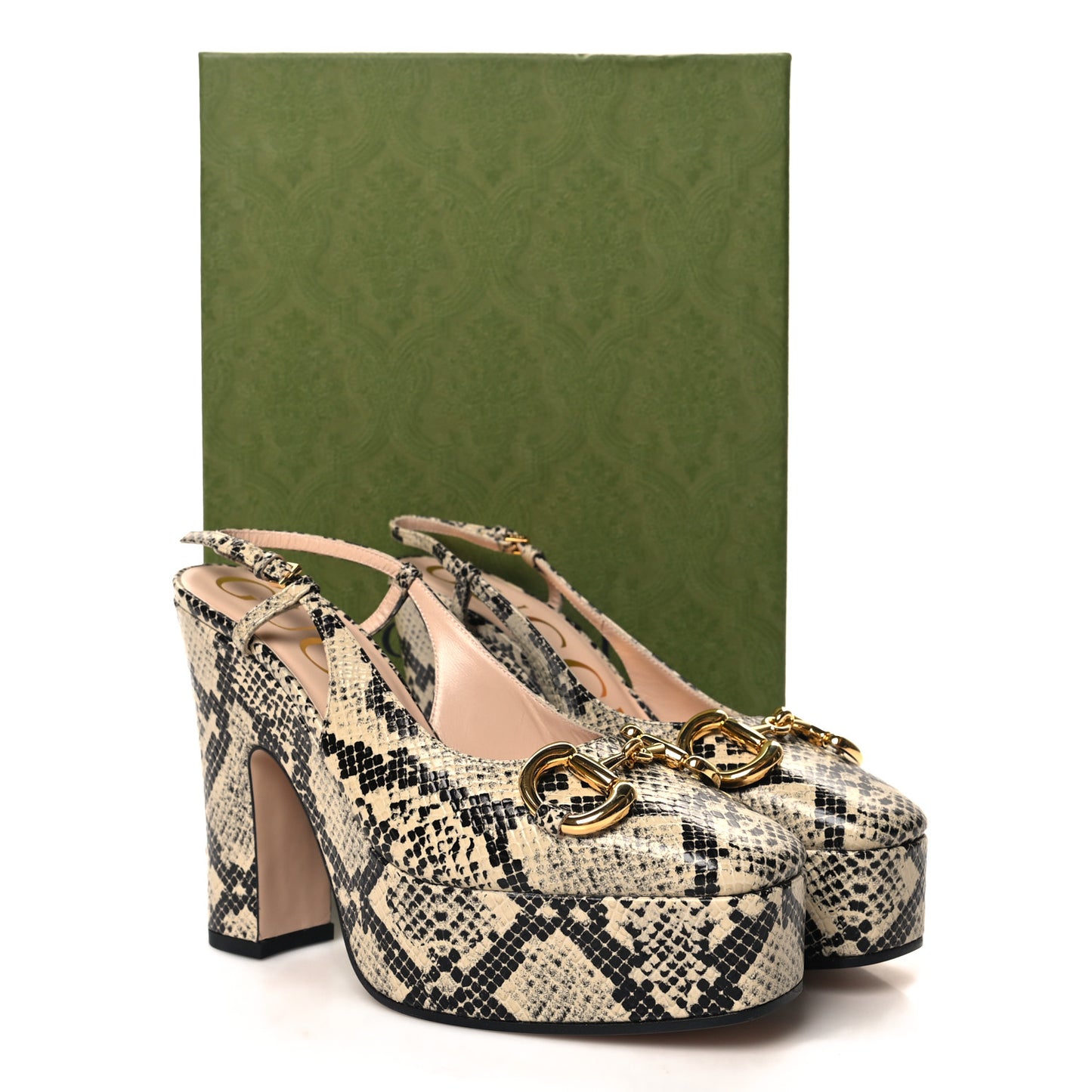 Calfskin Snakeskin Print Horsebit Platform 35/120mm Slingback Pumps 36 Beige Avana