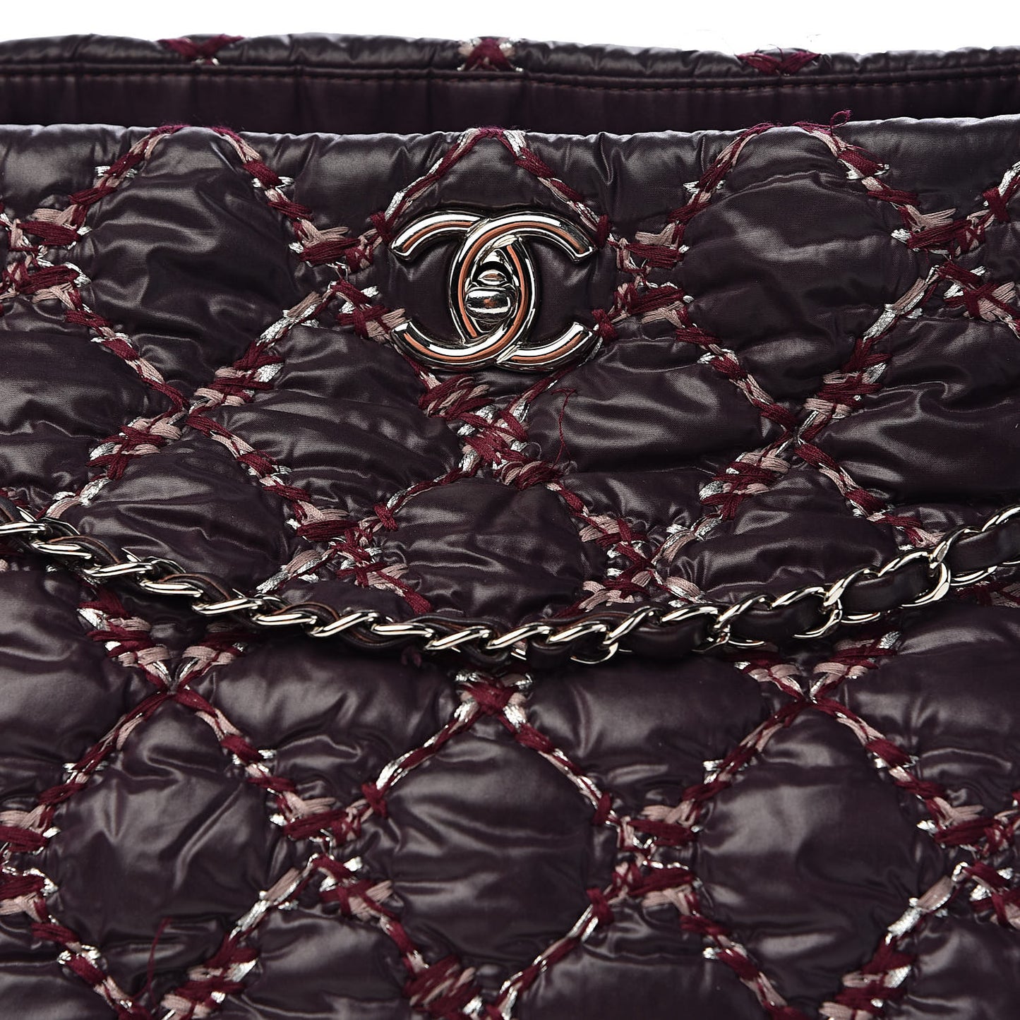 Nylon Quilted Tweed Stitch Bubble Tote Plum