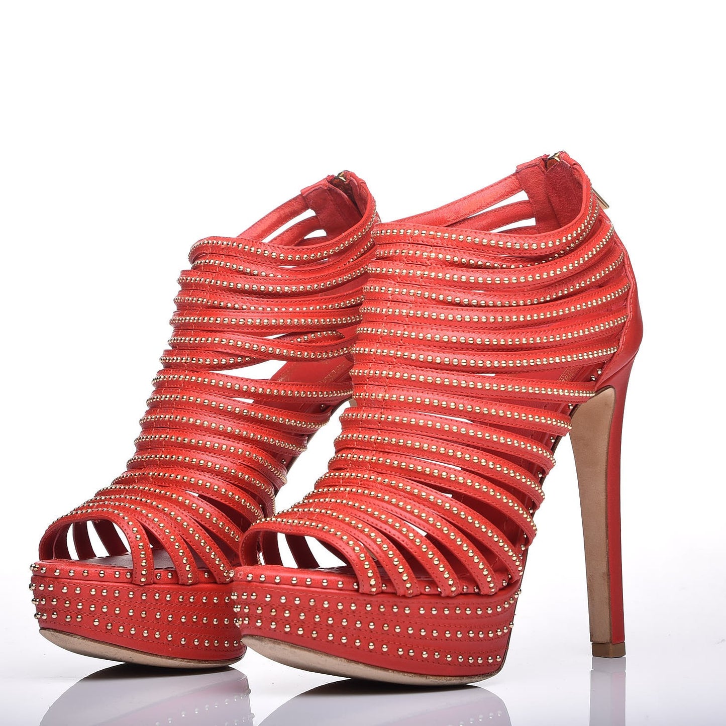Calfskin Caged Studded Sandals 35 Rouge