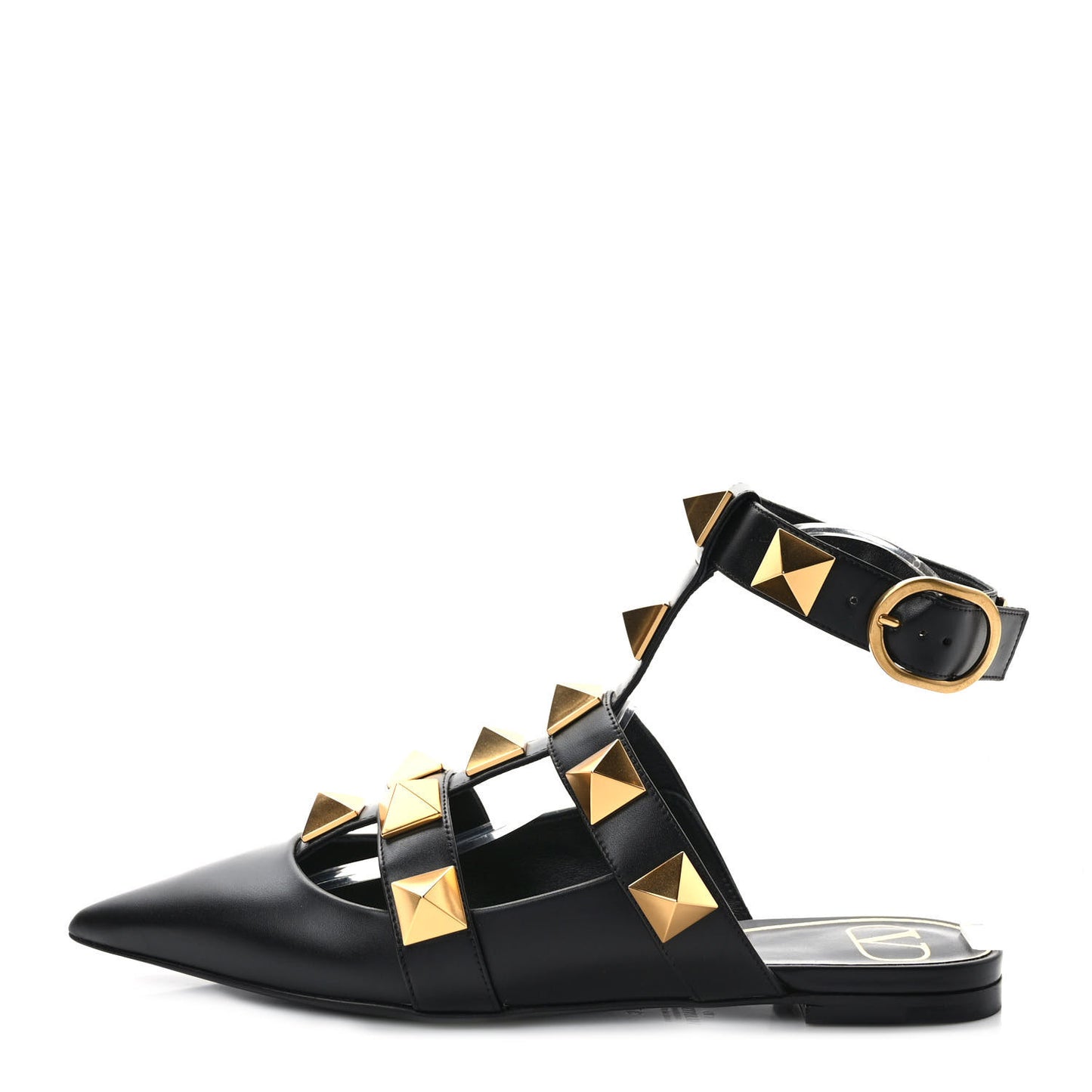Calfskin Roman Stud Ankle Strap Flat Mules 37 Black