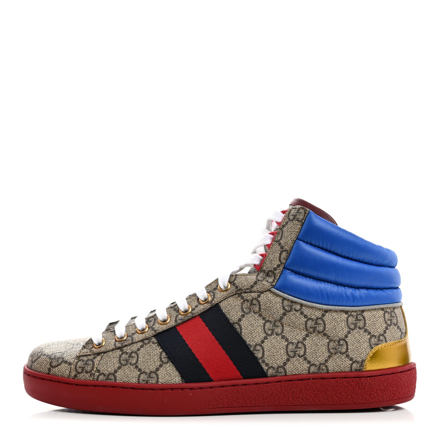 Gucci GG Supreme Monogram Nylon Mens Ace High Top Sneakers 8 Beige Red Blue 1 of 9