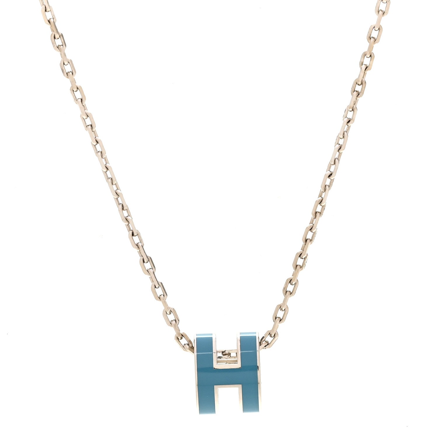 Hermes Lacquered Palladium Mini Pop H Pendant Necklace Bleu Jean 4 of 6