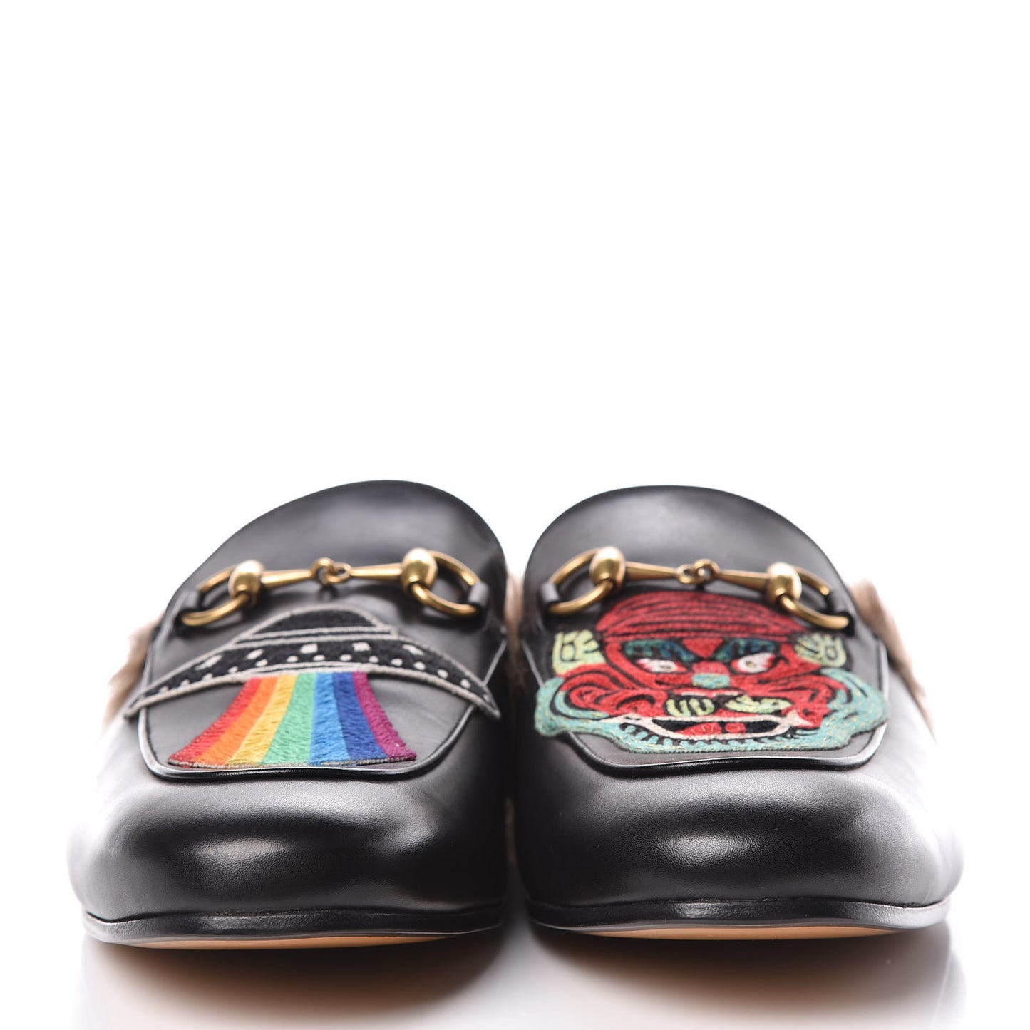 Calfskin Fur Dragon UFO Embroidered Mens Princetown Slippers 9 Black