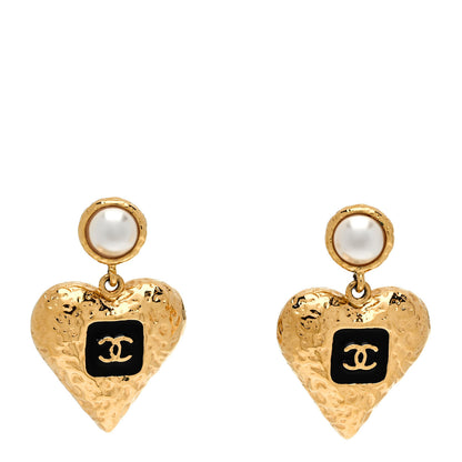 Chanel Metal Pearl Resin CC Heart Drop Earrings Gold Black 1 of 5